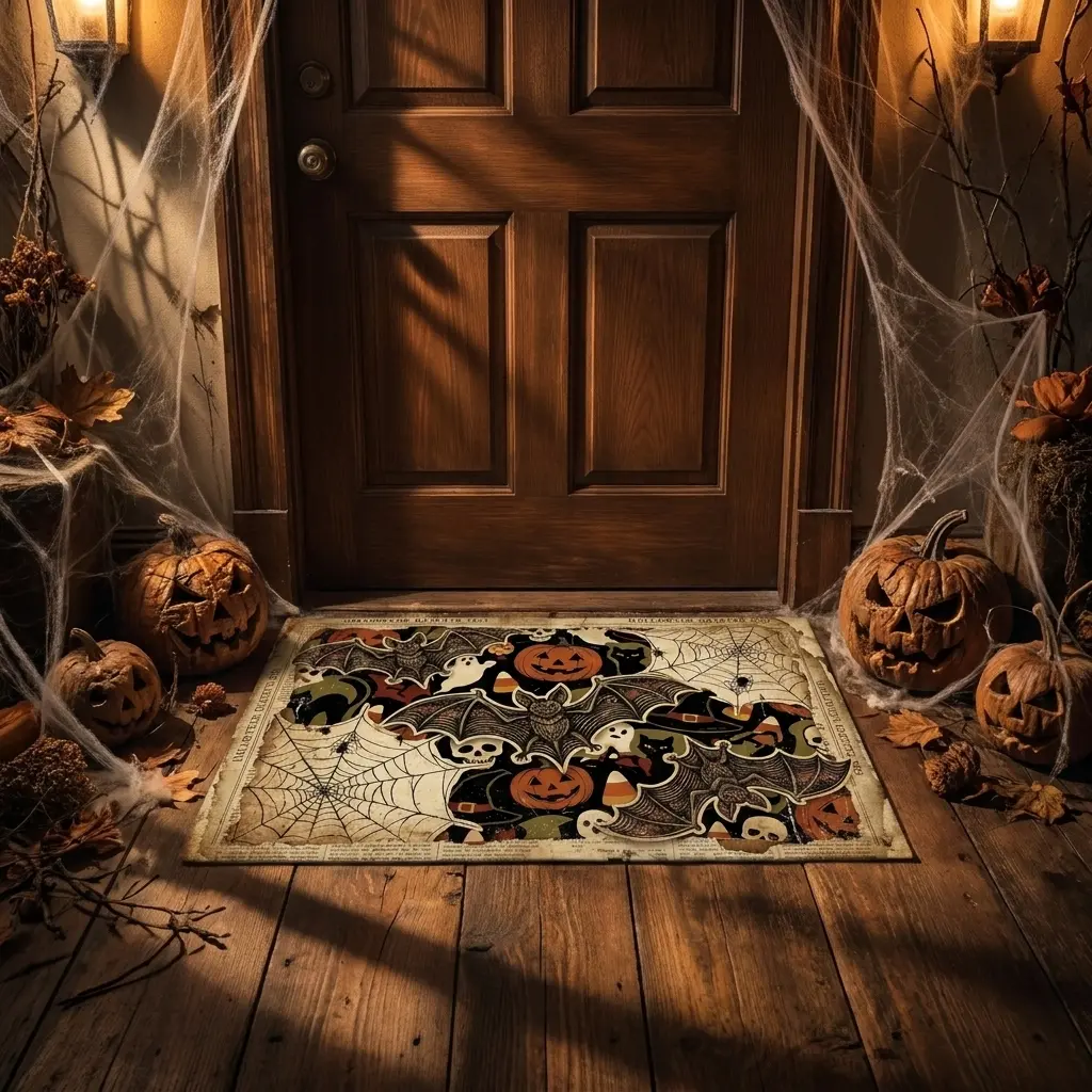 Vintage Newspaper Flannel Doormat with Halloween Motifs (Bat, Spider Web, Pumpkin, Skeleton, Ghost), Non-Slip Outdoor Porch Rug for Fall Decor