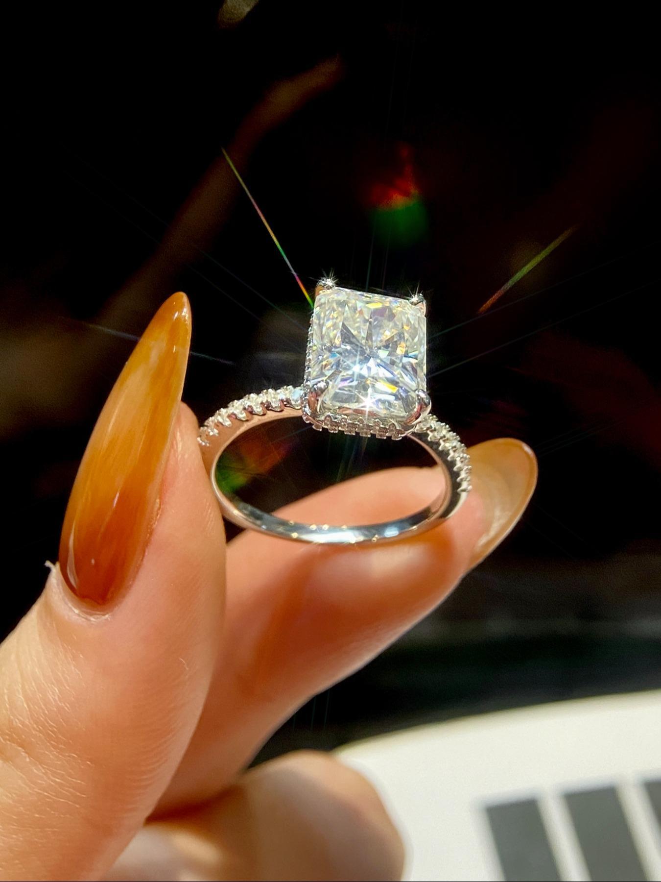 S925 Sterling Silver Synthetic Moissanite Engagement Ring,  Rectangle Shaped Ring, Fine Jewelry for Women, Anniversary Gift