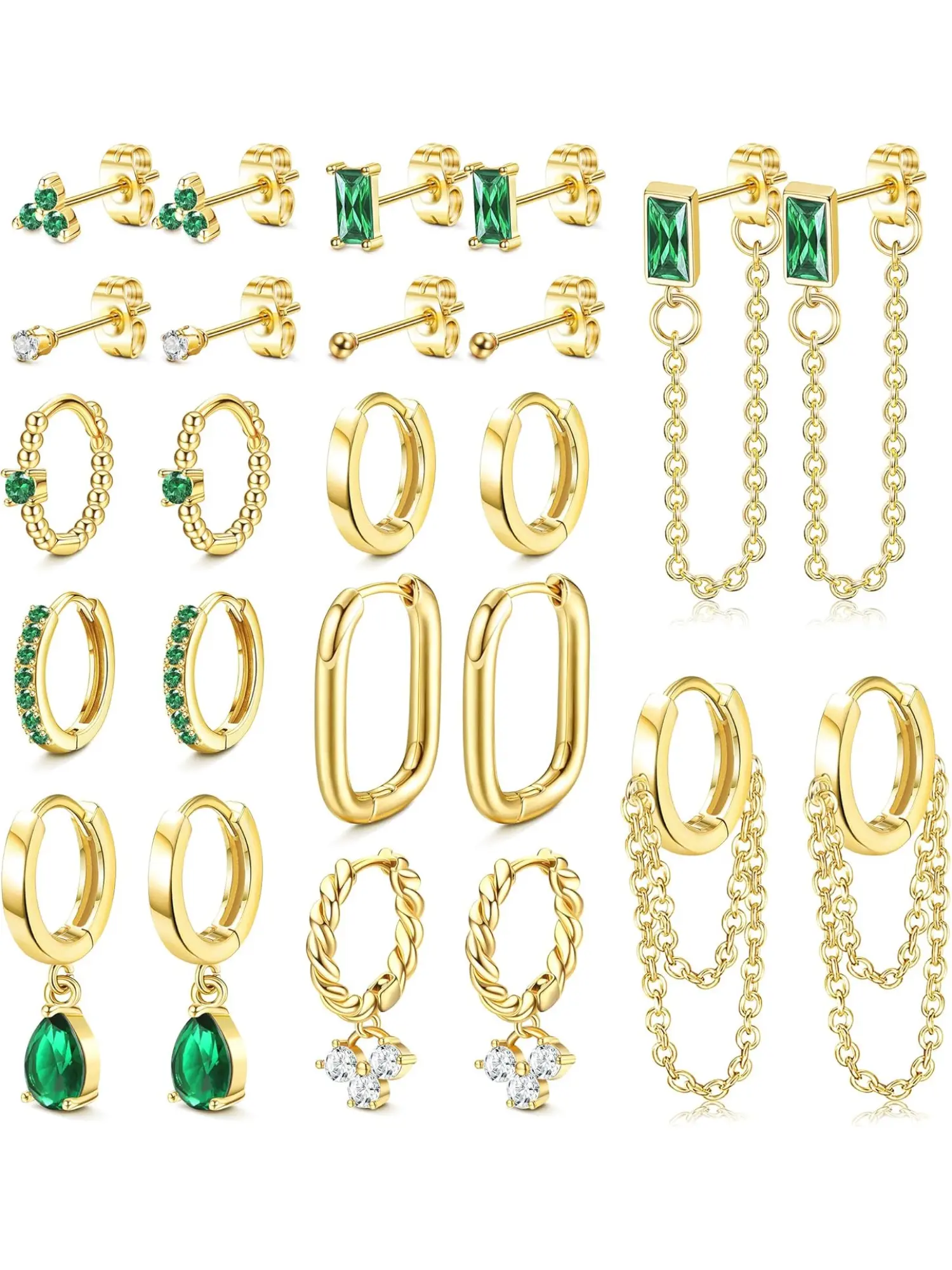 12 Pairs Green Earring Sets for Multiple Piercings Stainless Steel Gold Plated Earrings Set Chain Hinged Dangle Hoop Earrings Green Small Cubic Studs Pack Emerald Earrings for Women