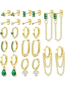 12 Pairs Green Earring Sets for Multiple Piercings Stainless Steel Gold Plated Earrings Set Chain Hinged Dangle Hoop Earrings Green Small Cubic Studs Pack Emerald Earrings for Women