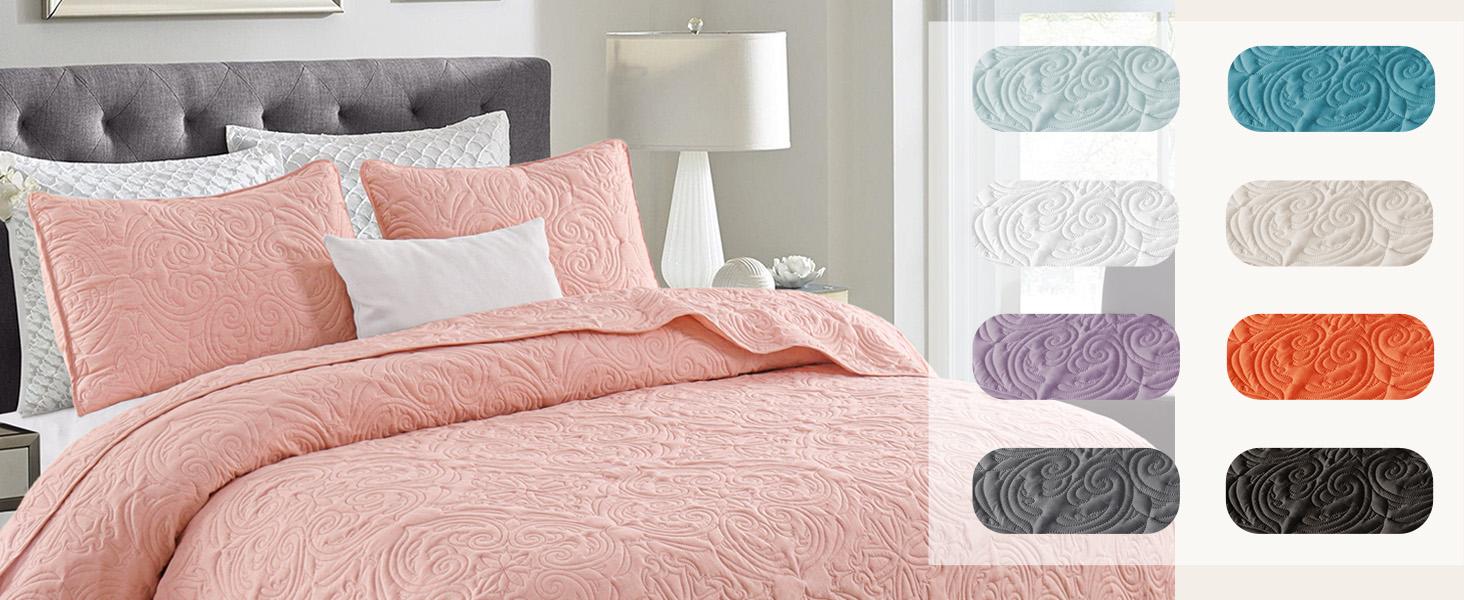 Queen Size Bedding Set with 2 Pillow Shams, Lightweight Taupe Full Queen Bedspread with Vintage Damask Pattern, Soft Bedspreads Coverlets for All