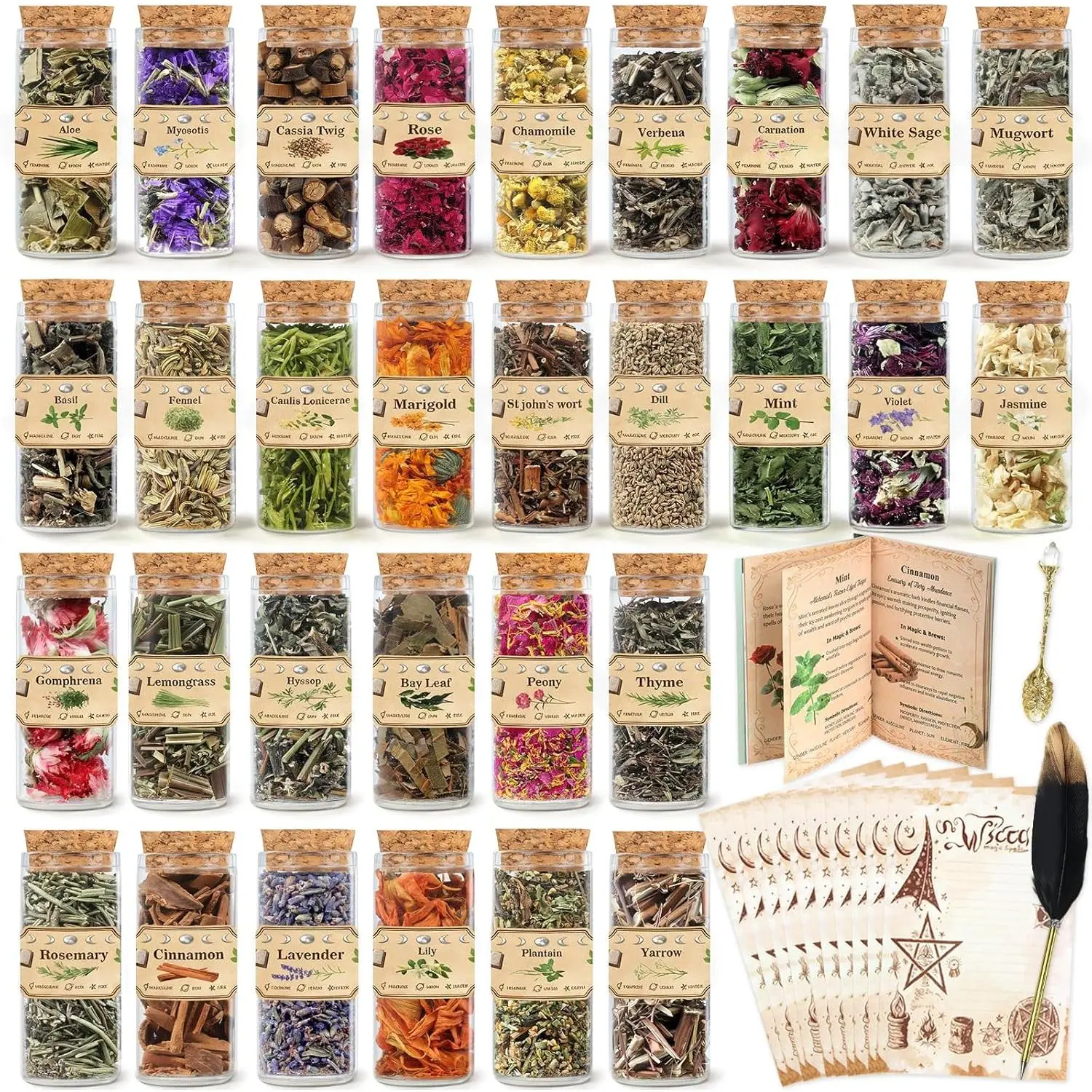 Witchcraft Kit with 30 Herbs – Complete Wiccan Starter Set with Spell GuideBook, Feather Pen, Parchment Paper & Spoon| All-in-One Ritual Supplies for Spells, Altar & Spiritual Witchy Gifts