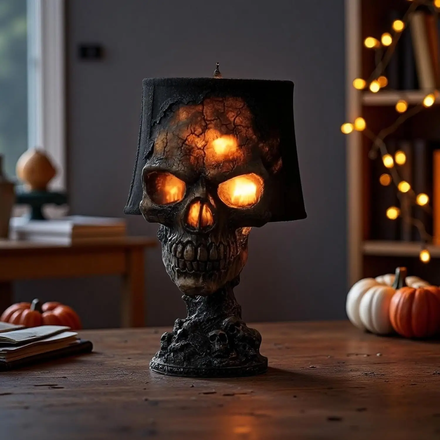Gothic Melting Rock Skull Table Lamp, Halloween Horror Decor Night Light, Realistic Cracked Stone Skull, Warm Glowing Eyes, Ideal for Bedroom, Bar, Halloween Decoration