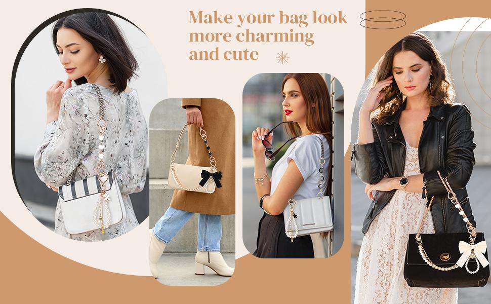 5 Pcs Bag Extender Chain Gold Pearl Purse Chain Ribbon Bow Keychain Extender Bag Strap Purse Charms Accessories for Handbag Y2K Aesthetic Bag Accessories Bag Charm Keychain Accessory Gifts for Women keychains for women