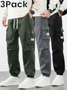 3-Pack Men's Cargo Joggers with Drawstring, Slim Fit Tactical Multi-Pocket Track Pants, Gorpcore Techwear Pants Bundle