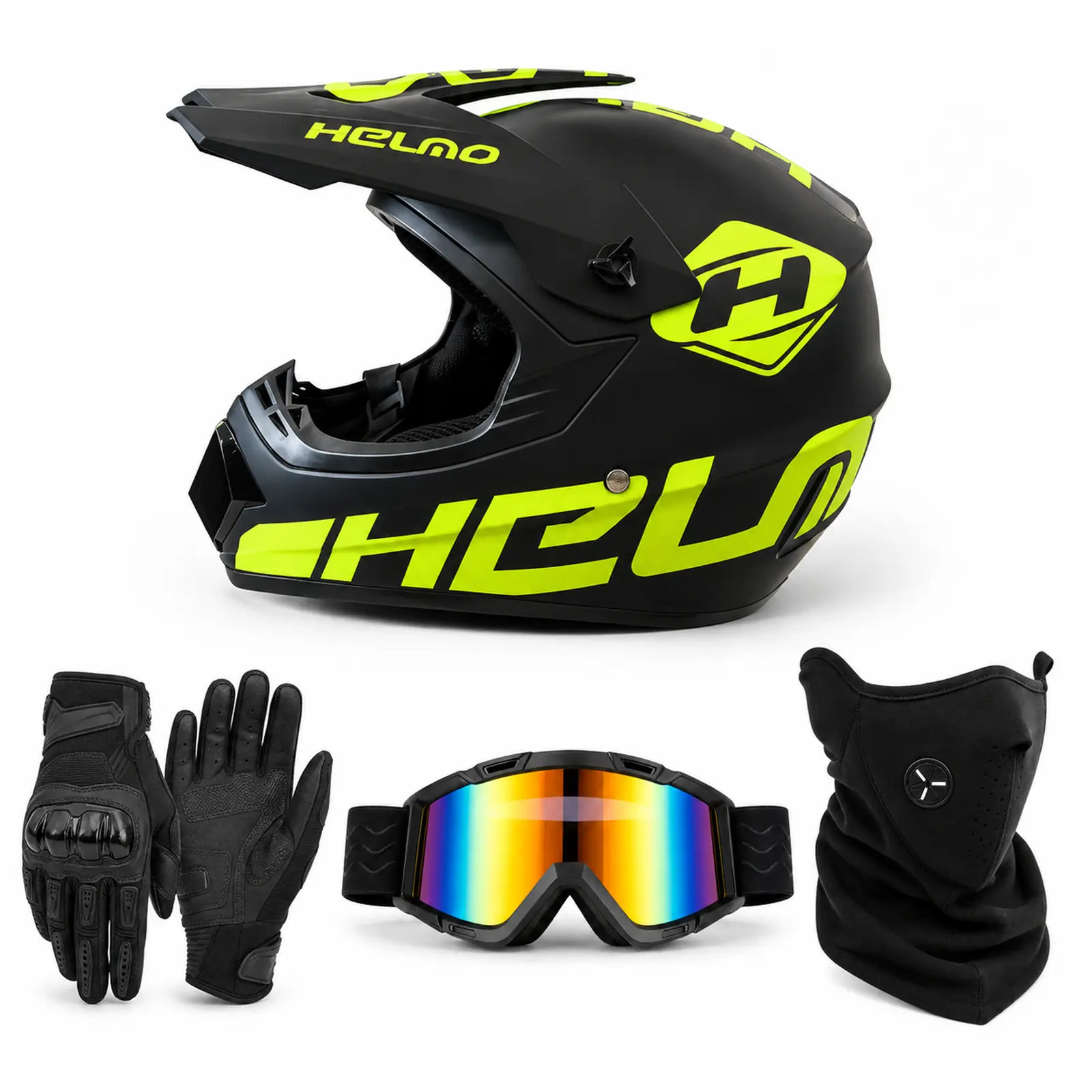 Matte Black H Graphic Full Face Off Road Helmet 215 – Moto Gear 4-Piece Set with Goggles, Gloves, Face Mask, S–XL Fit (52–59 cm) for Teens, ATV Use