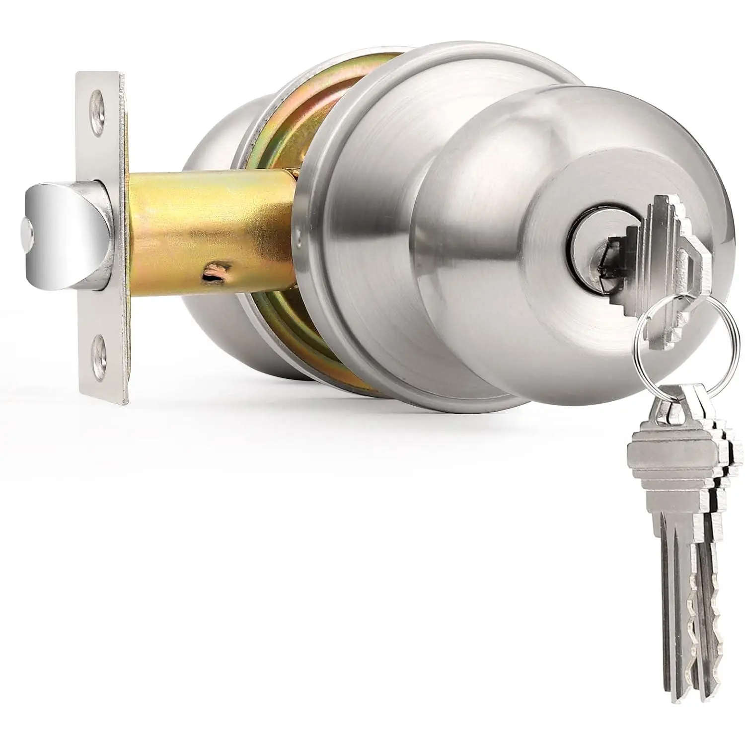 Exterior Door Knob with Lock and Key, Brushed Nickel Foor Knobs 1 Pack, Bedroom Door Knobs Modern Round Ball Style