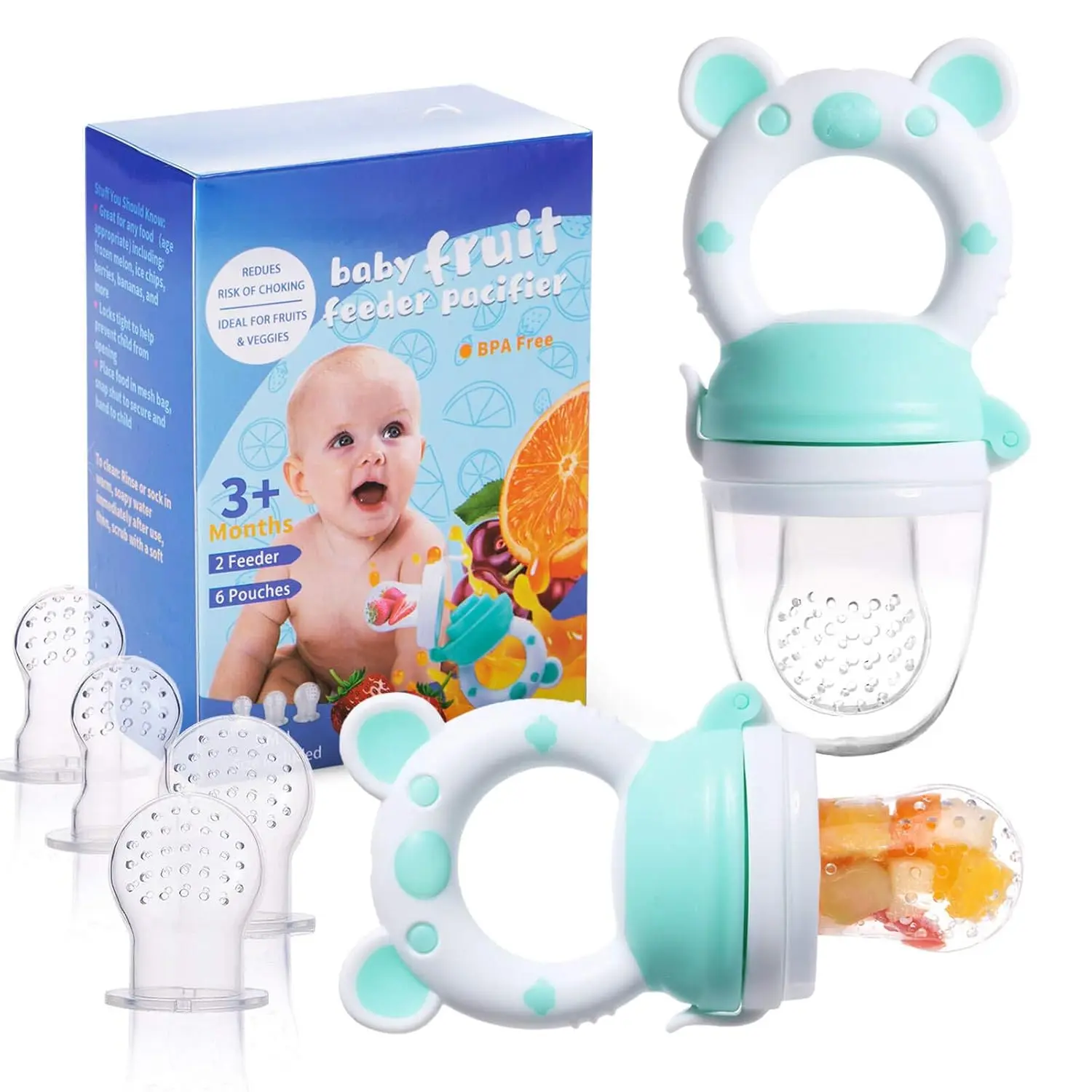 Baby Fruit Food Feeder Pacifier - Fresh Food Feeder, Infant Fruit Teething Teether Toy  3-24 Months, 6 Pcs Silicone Pouches  Toddlers & Kids & Babies, 2-Pack (Cyan) New model
