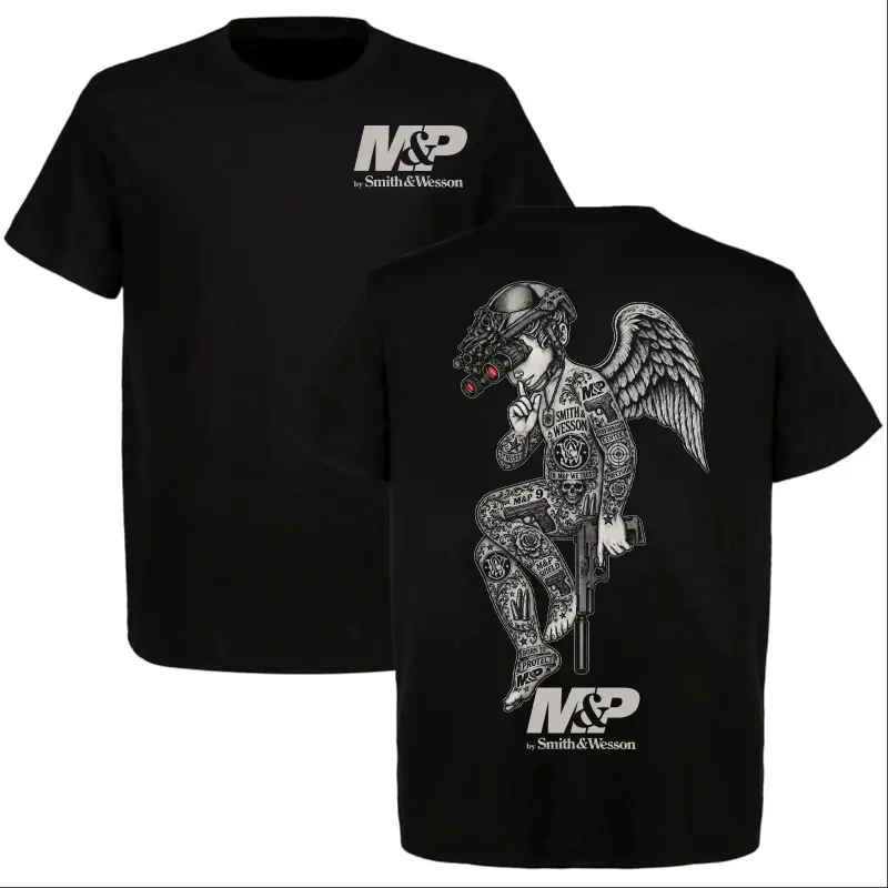 Graphic T-Shirt Smith & Wesson M&P Tee, Tactical Angel Gun Graphic Shirt, Vintage Tattooed Cherub Gun Lover T-Shirt, 2nd Amendment Patriotic EDC USA Apparel, Tactical Gear Inspired Short Sleeve Graphic Tee, Unisex Casual Streetwear Top for Men Women