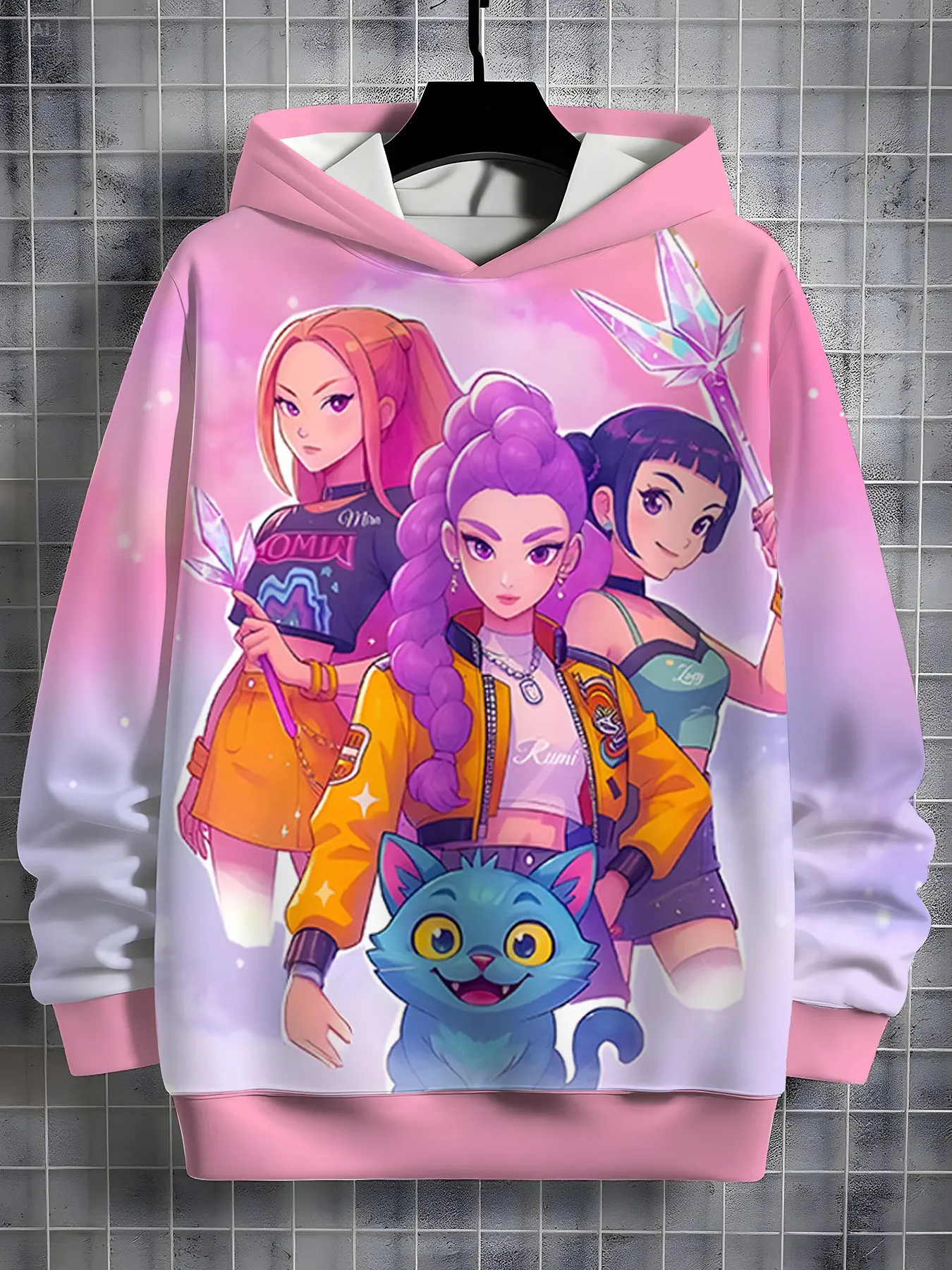 Girls' Gradient Starlight Magic Girl Blue Cat Print Hoodie, Korean Anime Cartoon Print, Spring & Fall Fashion, Perfect for Christmas Gifts