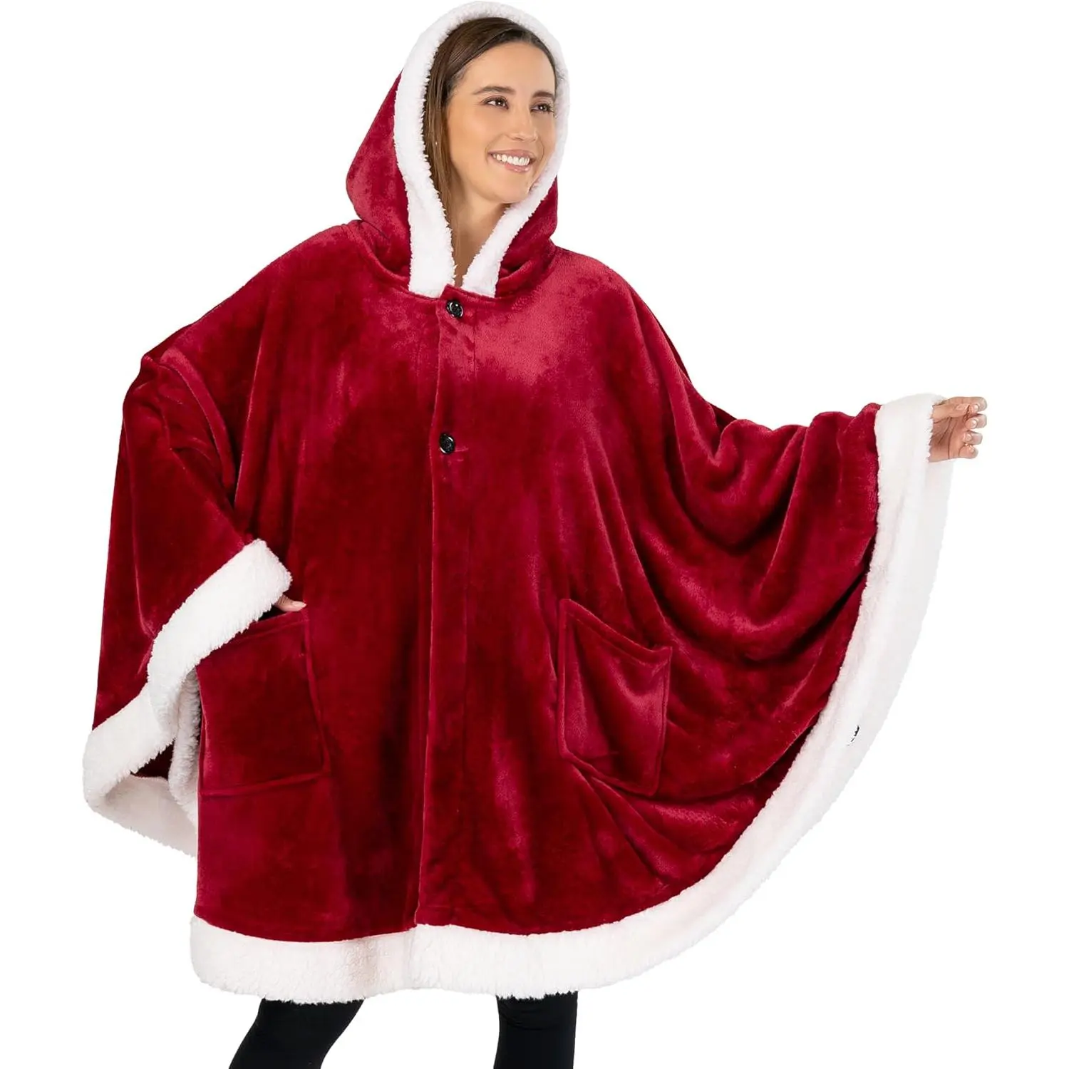 Hooded Blanket Poncho for Women, Fleece Wearable Shawl Wrap, Red | Fleece Shawl Wrap with , Adult Wearable Blanket, Cozy Warm Poncho Cape Throw with Pockets,  for  Mom