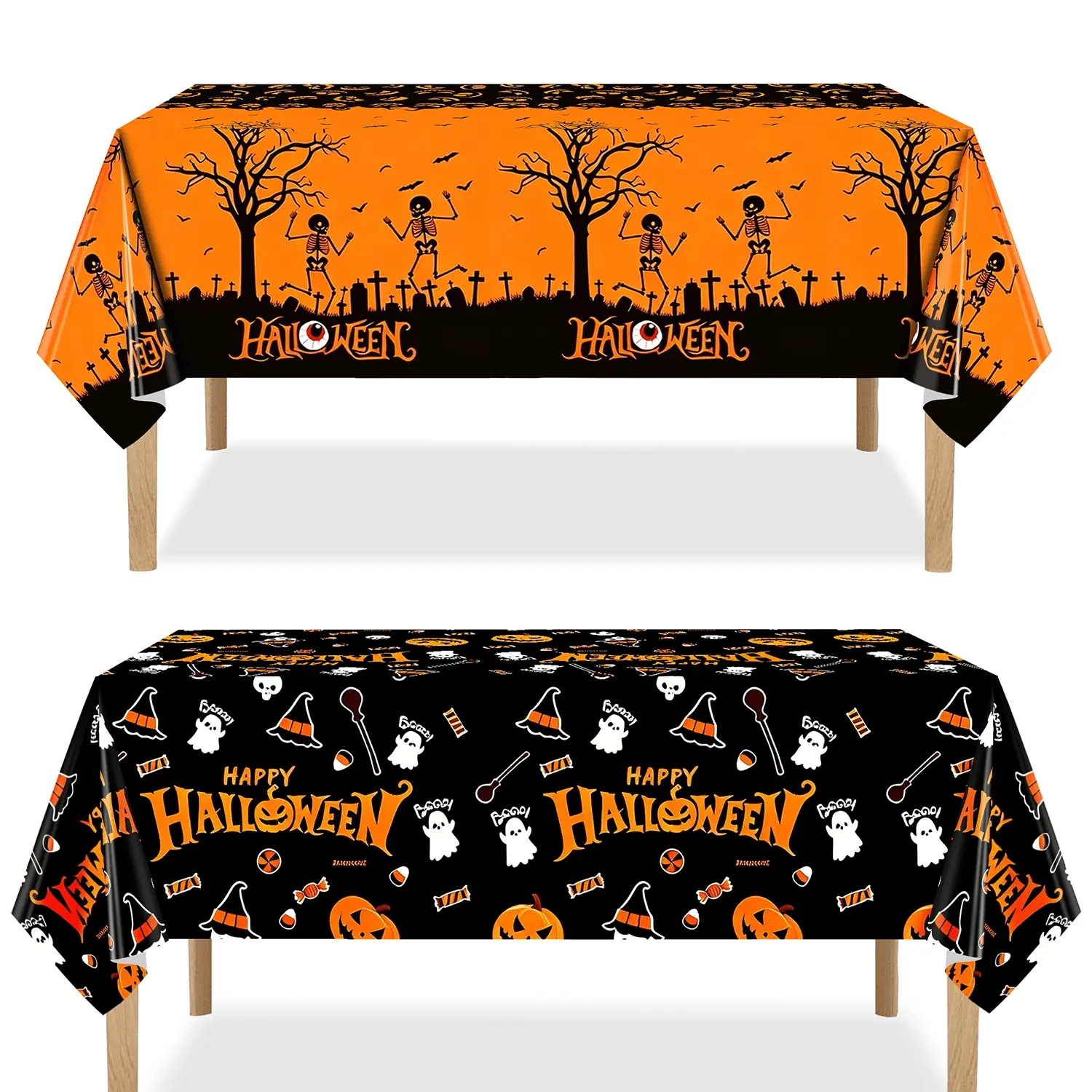 3 Pcs Disposable Waterproof Aluminum Foil Halloween Rectangle Tablecloth, 54×72/54×108 Inch Black Orange Table Cover with Pumpkin Ghost Witch Hat Broom Print, Decorative Table Cloth for Halloween Holiday Party, Dining and Dessert Table Decorations