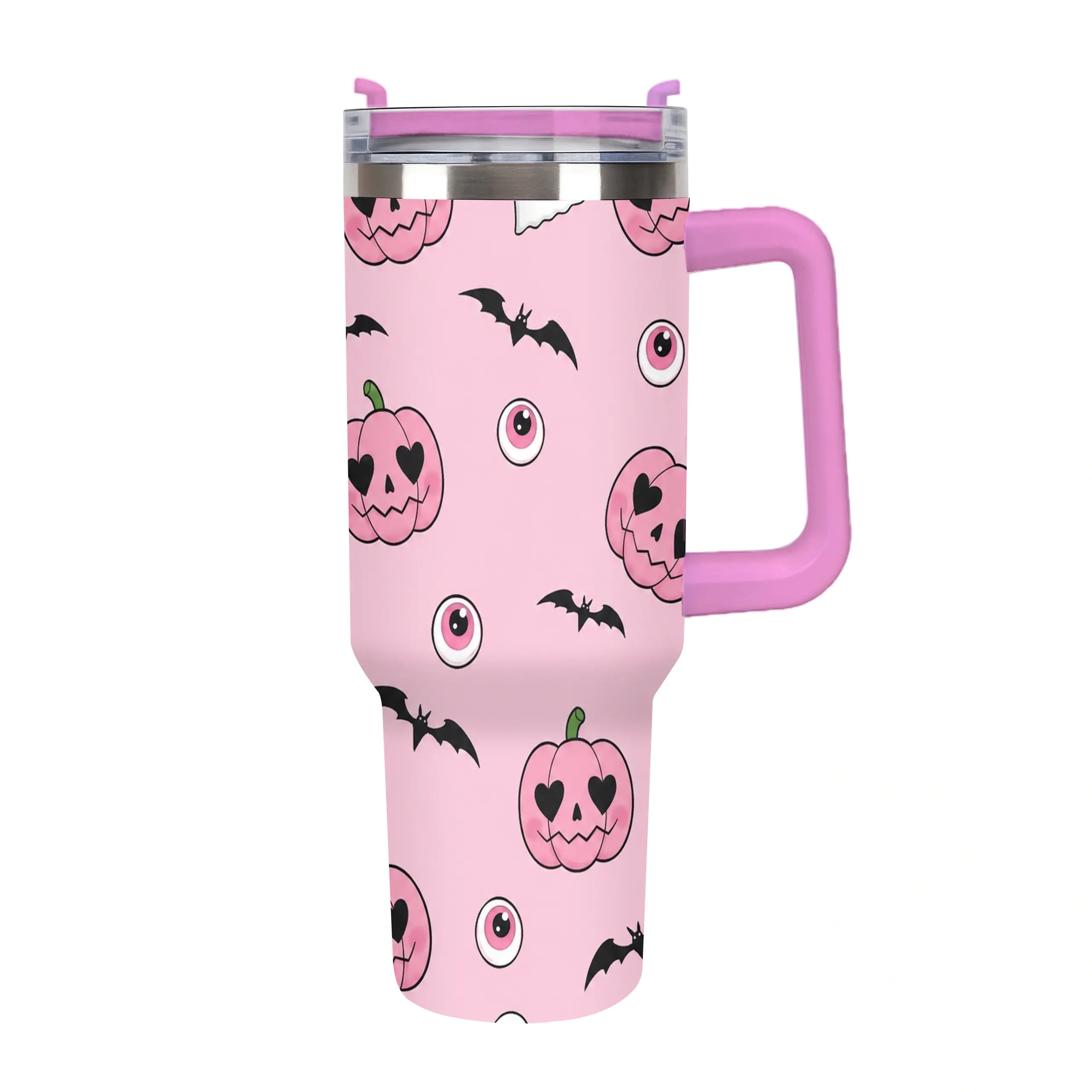 40oz Halloween Tumbler with Handle and Straw Lid, Pink Spooky Pumpkin with Heart Eyes Bat Eyeball Pattern, Double Wall Vacuum Insulated Stainless Steel Travel Mug, Creepy Cute Gift for Women
