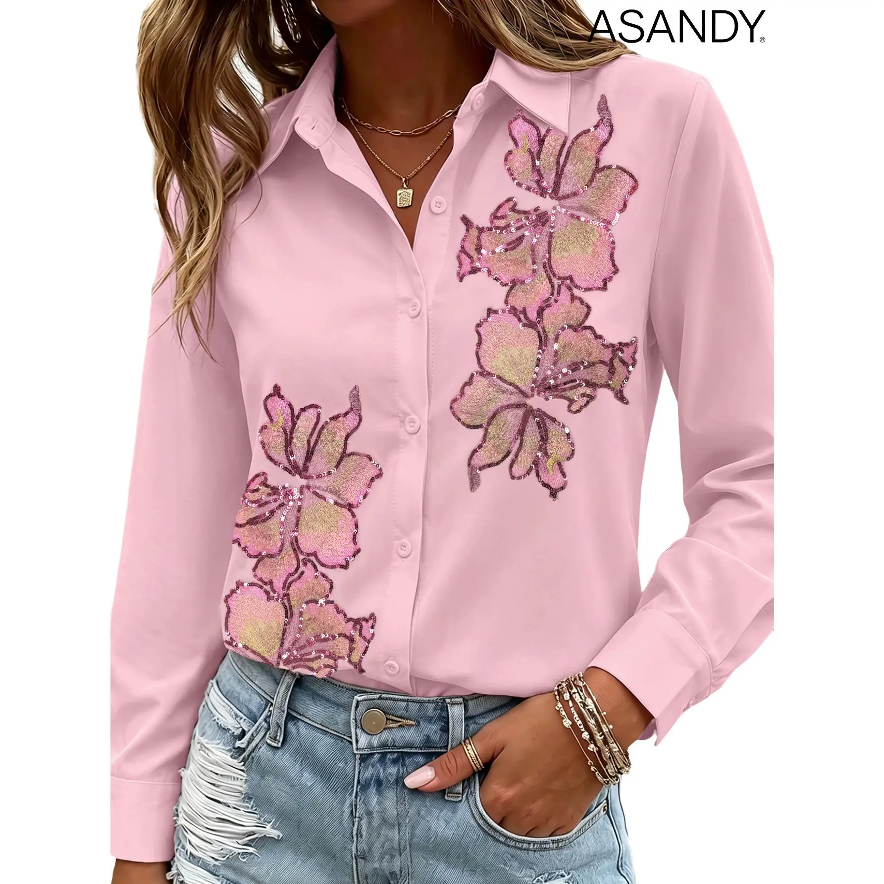 Women's Elegant Pink Blouse, Long Sleeve Collared Button Down Top with Feather and Rhinestone Details, Glossy Statement Piece, Elegance, Formal, Casual, Longsleeves, Shirts, Soft, Style, Blouses For Women, Machine Wash, Rhinestones, Collared Neck Bl