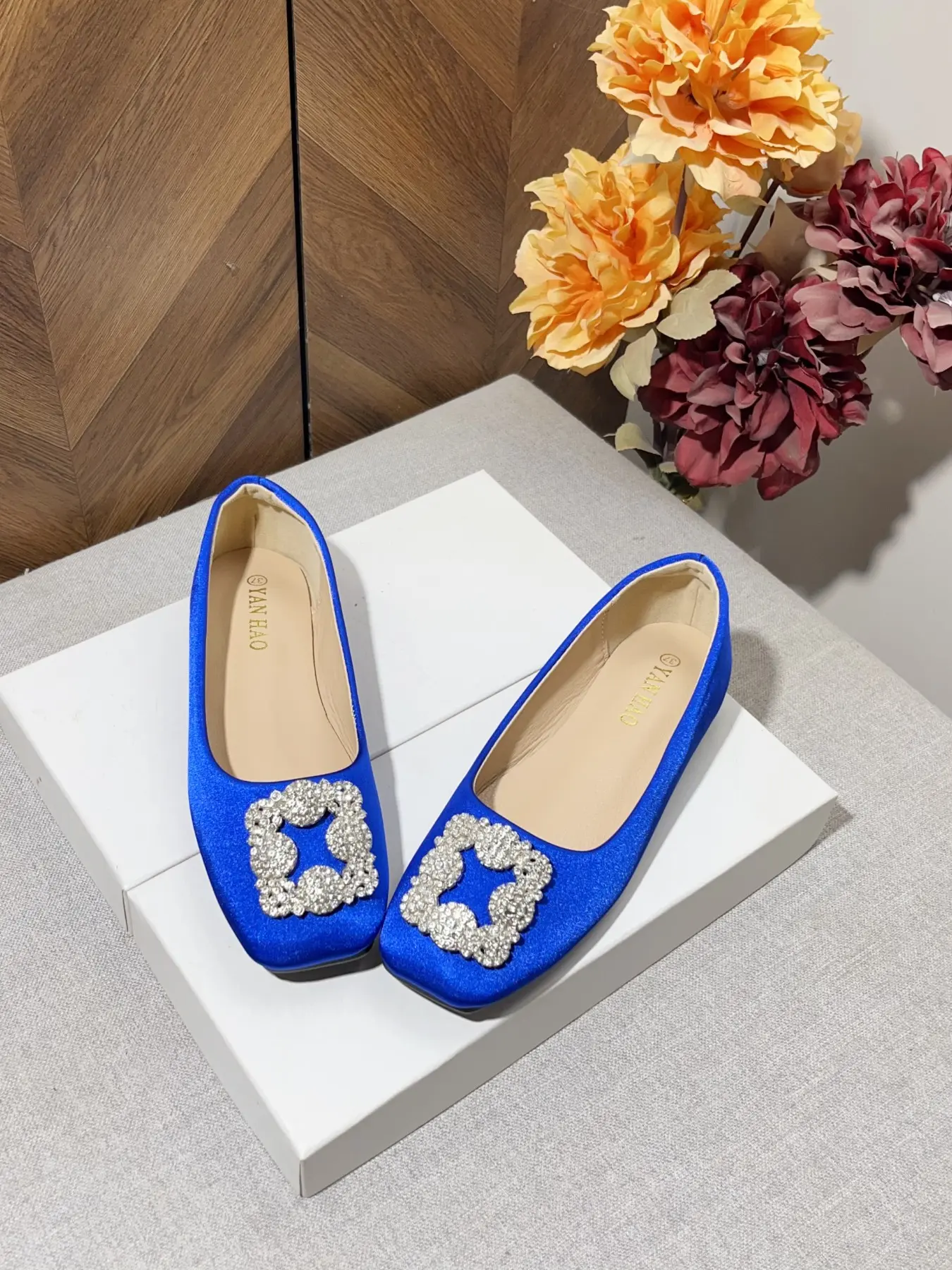 Klein Blue Glossy Satin Square Toe Clover Rhinestone Hollow Out Flat Shoes, Comfortable Soft Sole, All Seasons, Versatile Dress Shoes