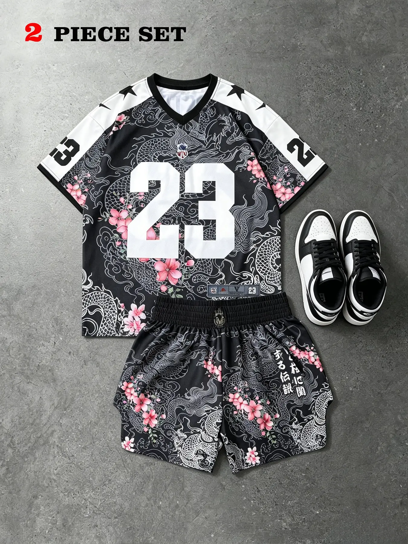 Men's Eastern Dragon Cherry Blossom Basketball Set, V-Neck Star Patch Short Sleeve Top + Elastic Waist Shorts, Japanese Street Sport, Loose Fitness Wear, Sportswear for Summer