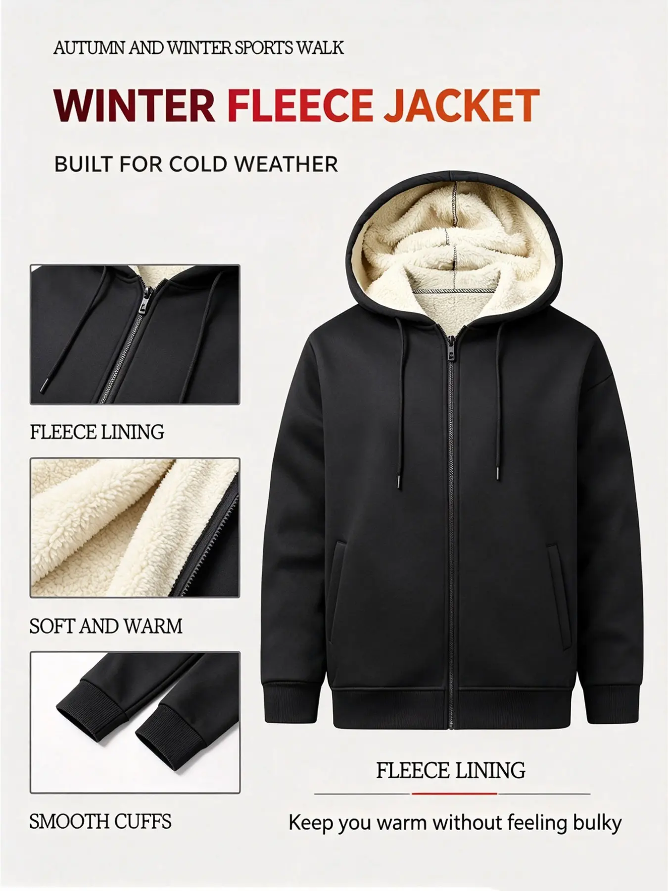 Men's Fall Winter Fleece Lined Hooded Jacket, Warm Zipper Coat with Pockets, Outdoor Jacket, Casual Daily Wear, Unisex Style