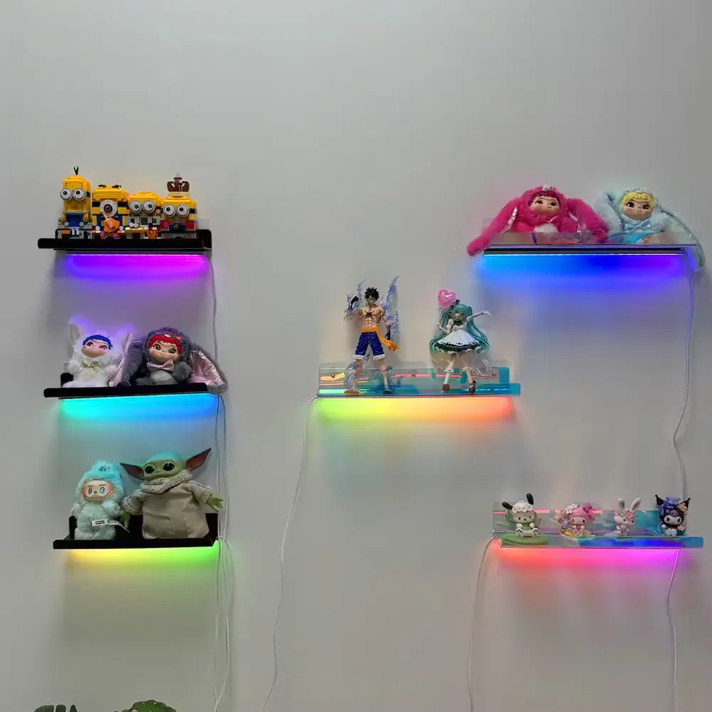 App-Controlled RGB LED Floating Wall Shelves, Music-Syncing Color Changing, Ideal for Displaying Anime Figures Watches Model Cars, Stylish Decor for Gaming Rooms Bedrooms