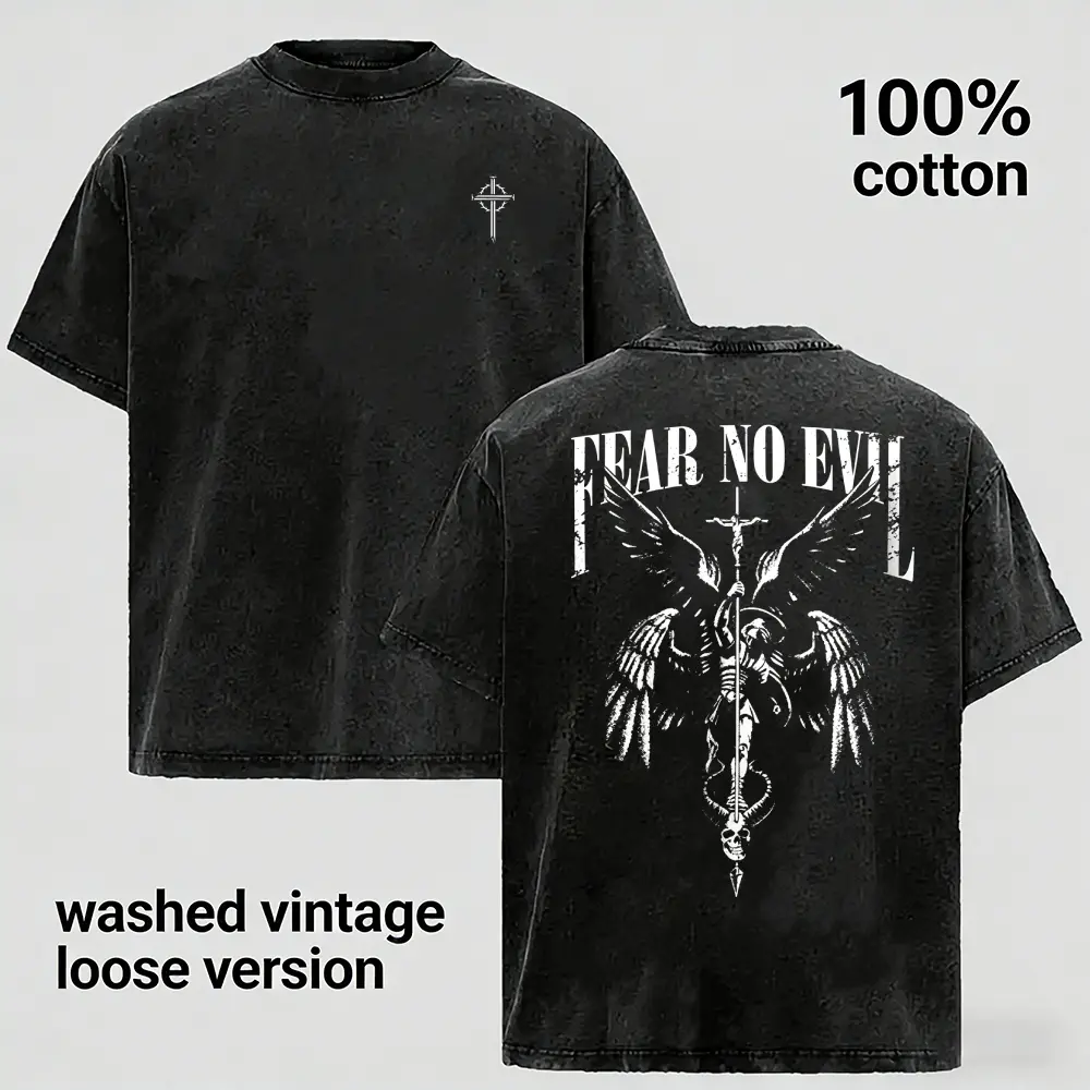 Vintage Acid Wash T Shirt Men Oversized Cotton Tee Streetwear, Fear No Evil Archangel Michael Cross Graphic Heavyweight T-Shirt, Dark Gothic Retro Short Sleeve Tops, Gift for Husband Boyfriend, Charcoal Black Loose Fit Clothing