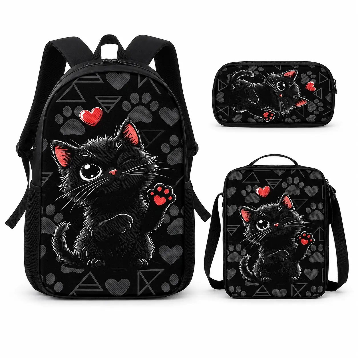 3PCS Kids Black Cat Backpack Set, Cute Kitten Paw Print School Bag Set with Backpack, Lunch Bag and Pencil Case, Cartoon Animal Student Bookbag for Girls, Matching Back to School Gift Set, back-to-school style,lightweight,sport,Pastel,Embroidered,Canvas
