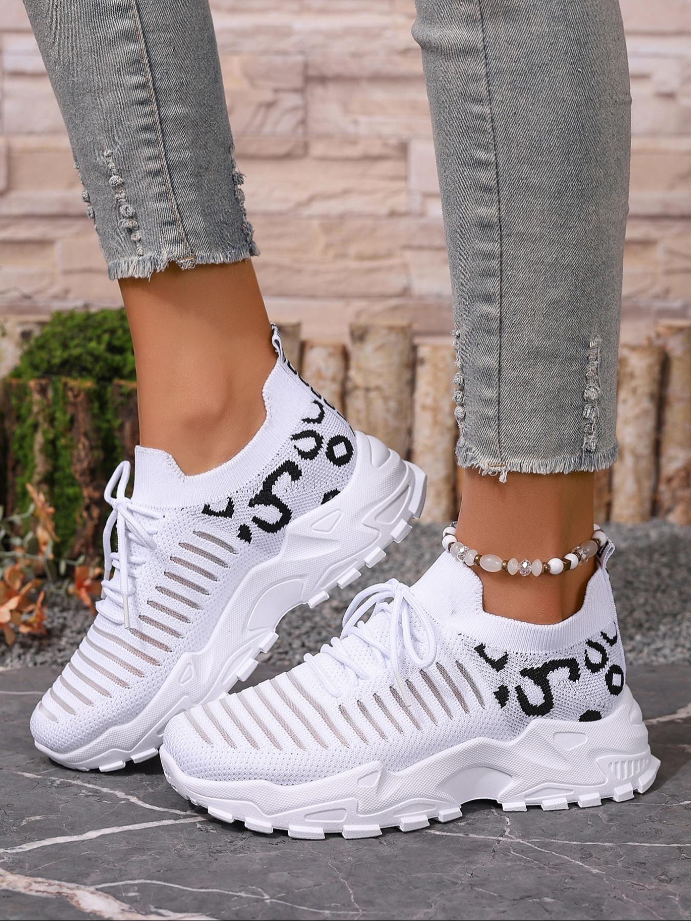 Women's Fashion Leopard Print Lace Up Low Top Sneakers, Casual Comfortable Breathable Sports Knitted Running Shoes, All-match Basic Shoes for Daily Wear, Fashionable Running Shoes