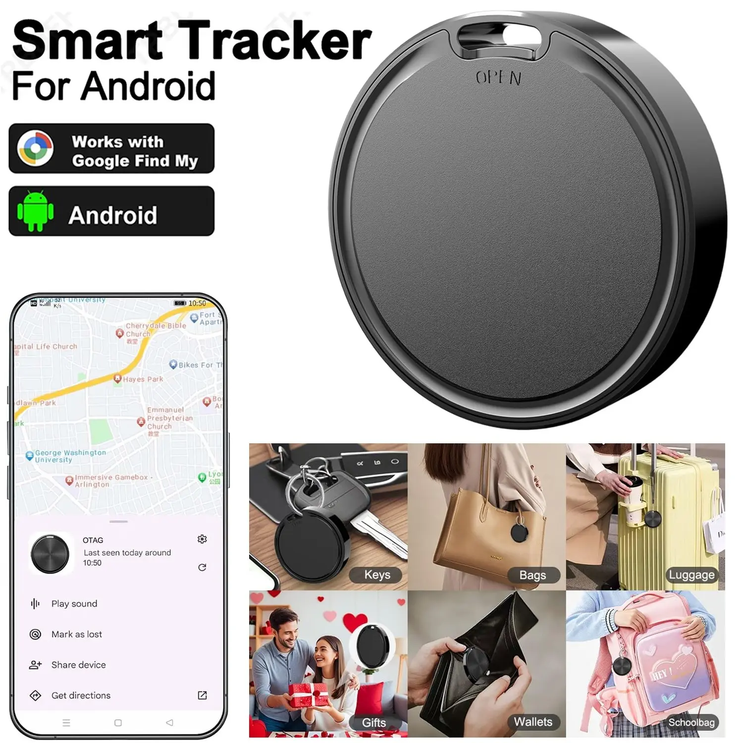 Smart Android GPS Tracker, BT-compatible Tag Finder for Keys Wallet Luggage Pets, Precise Location for Android Phones, Not for IOS Devices