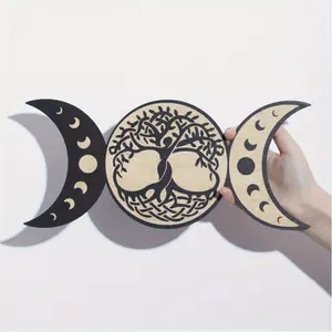 Bohemian-style wooden wall hanging decor with moon phases, featuring modern tree designs. Suitable for home, bedroom and living room decoration, it is a perfect gift for family members and artistic wall decor for bedrooms. | Bohemian Style | Exquisitely c