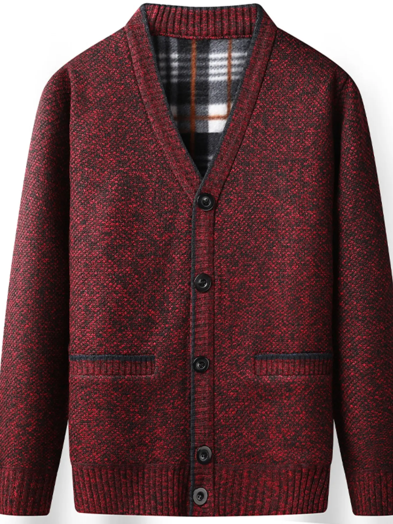 Knit Cardigan for Fall & Winter, Thick Blend Fabric, Soft Touch, Fleece Lining, V-Neck Button Front, Pocket Design, Warm & Practical