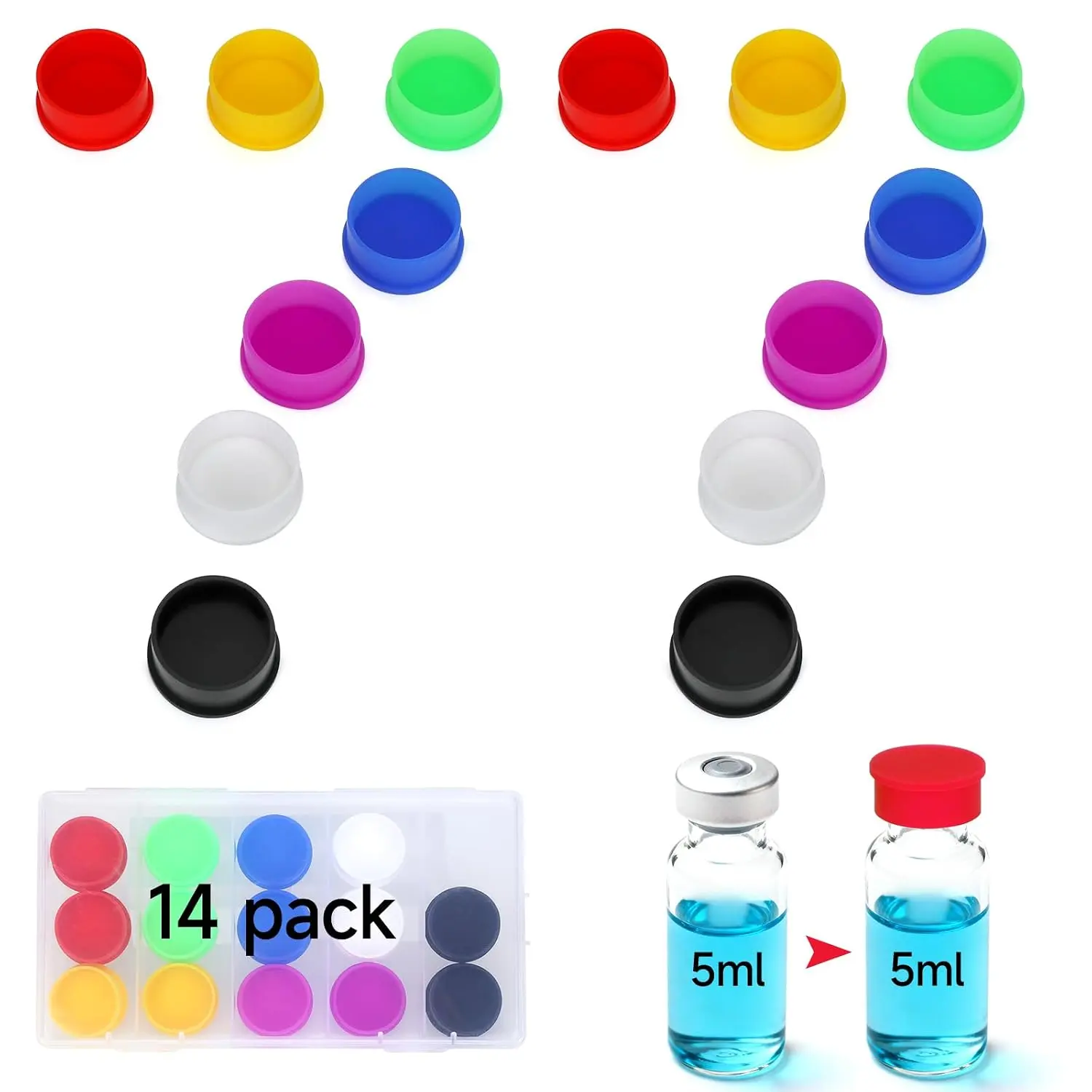 14 Pack 5-100ml Vial Caps (7 Colors)  Caps for for 5ml 10ml 20ml 30ml Glass Vials  Storage Protective Cap,    Vial Covers Fit  Case for Fridge by .