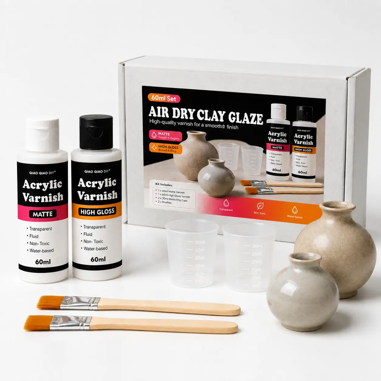 6Pcs Air Dry Clay Acrylic Varnish Kit, 60ml Gloss & Matte Transparent Water Based Varnish with Measuring Cups & Painting Brushes, Sealer Finish for Air Dry Clay, Polymer Clay & Art Painting Crafts, Art Craft Kits