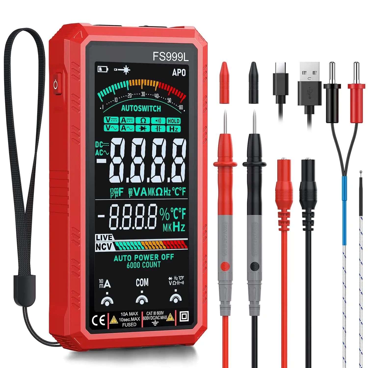 6000 Counts Digital Multimeter with USB Rechargeable Design, Color LCD Screen, Auto/Manual Function, True RMS, Included Test Probes for Current, NCV Safety, Capacitance, Frequency, Temperature Testing & Repair Tasks