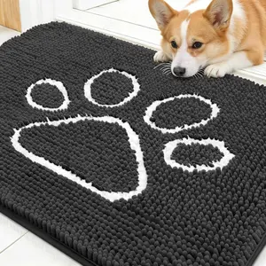 Dog Door Mat for Muddy Paws, Absorbent Chenille Mud Mat for Dogs, Non-Slip Washable Quick Dry Doormat with Paw Print, Indoor Entryway Carpet for Pets (30x20, Dark Grey)