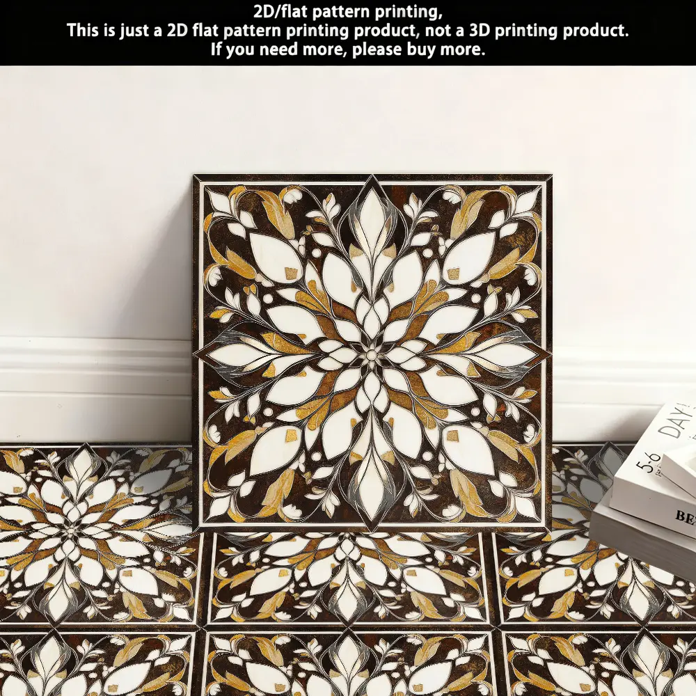 A Set of 10 Self-Adhesive 2D Faux Leather Floor Tiles Designed to Mimic Leather, Featuring Colorful Floral Art Patterns And a Flat 2D Effect. Each Tile Measures 11.81 Inches by 11.81 Inches