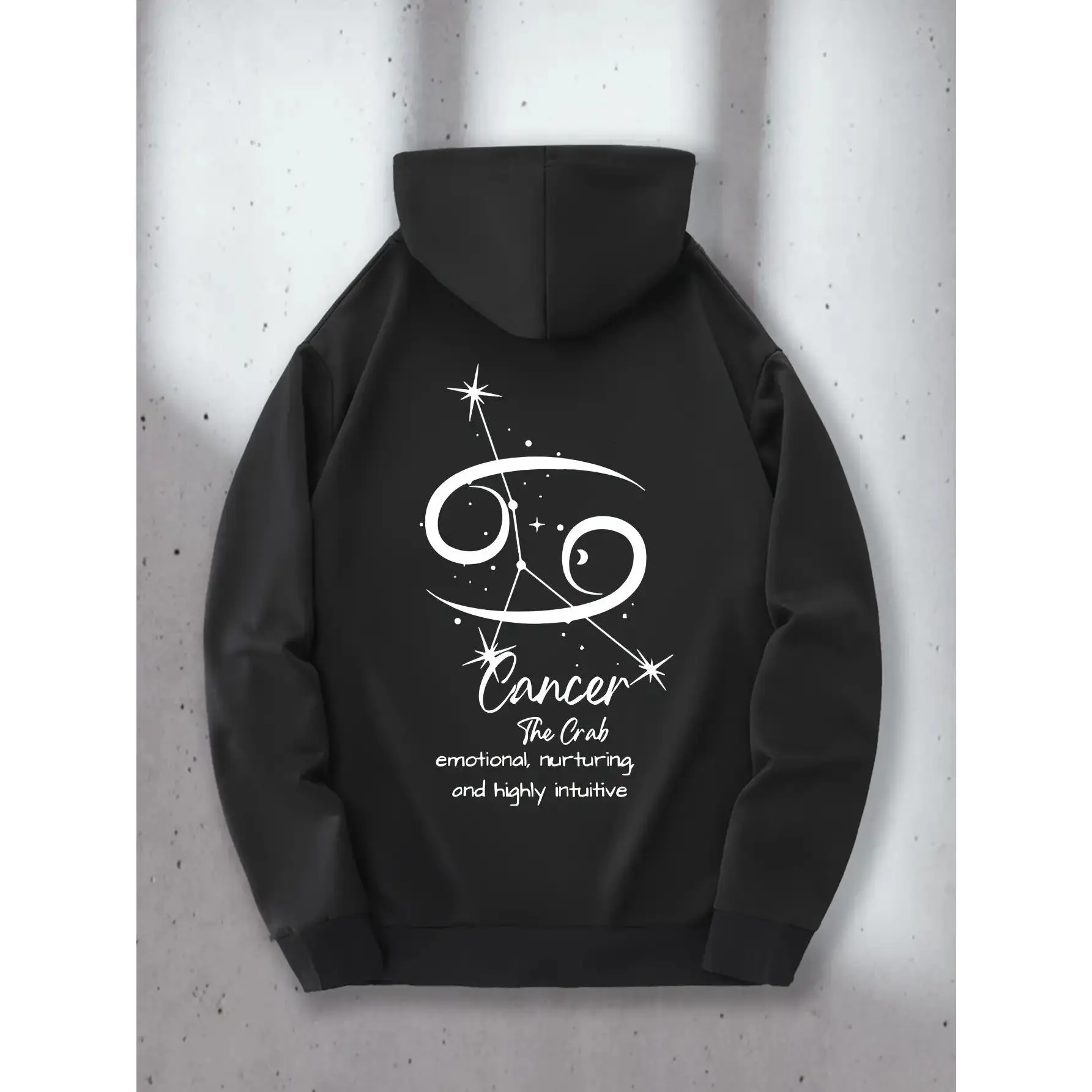 Men's Cancer Zodiac Graphic Hoodie Sweatshirt- Black with White Astrology Print, Cancer Lettering& Traits Design, Kangaroo Pocket, Casual Long Sleeve Casual Attire& Cancer Awareness Apparel, Streetwear Fashion, Trendy Design, Comfortabe