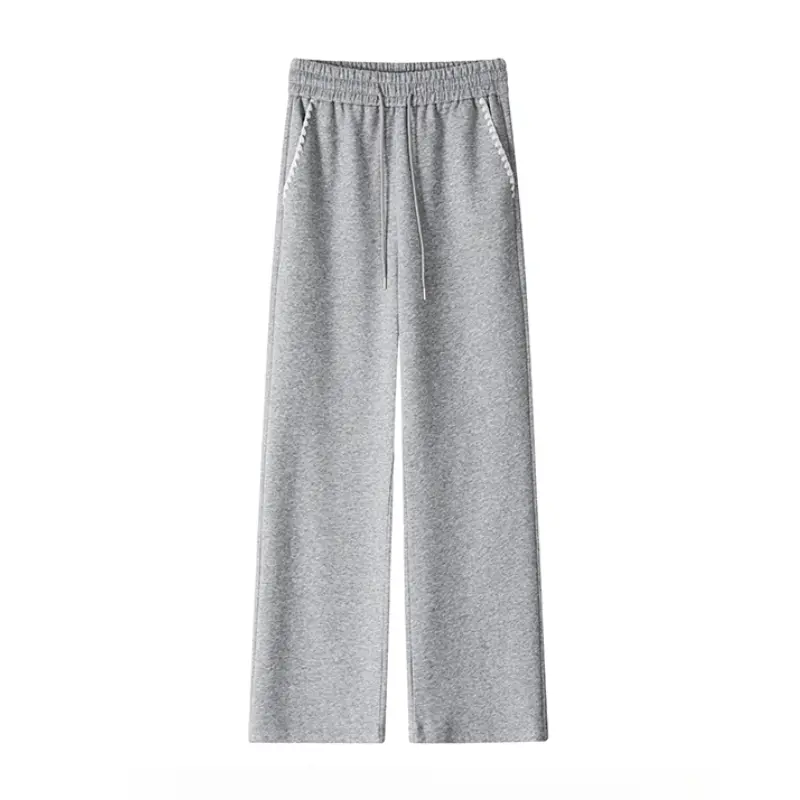 Men's Grey Wide-Leg Sweatpants - American Casual, Elastic Drawstring Waistband, White Zig-Zag Stitching Trim Pockets, Draped Floor-Grazing Straight Pants, Fall Relaxed-Fit Sports Casual Trousers