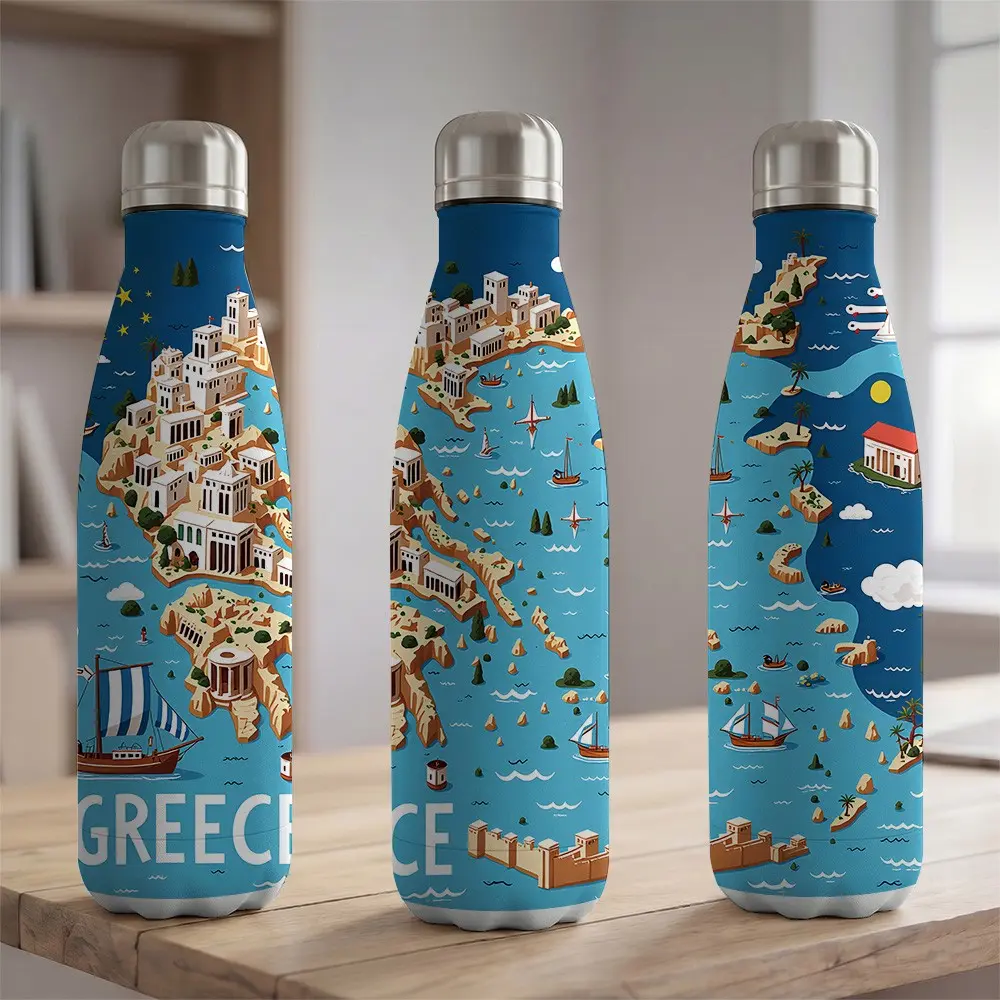 1pc 17oz Greece Map Insulated Water Bottle 500ml Double Wall Vacuum Stainless Steel Sport Flask Leakproof Travel Coffee Mug for Car Outdoor Camping Hiking Gym Commute