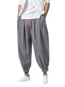 Men's breathable linen loose casual pants in harem style, with a relaxed and comfortable fit, featuring pleated elastic waist drawstring design, lightweight and breathable long pants, side pockets, suitable for beach vacations and daily street wear