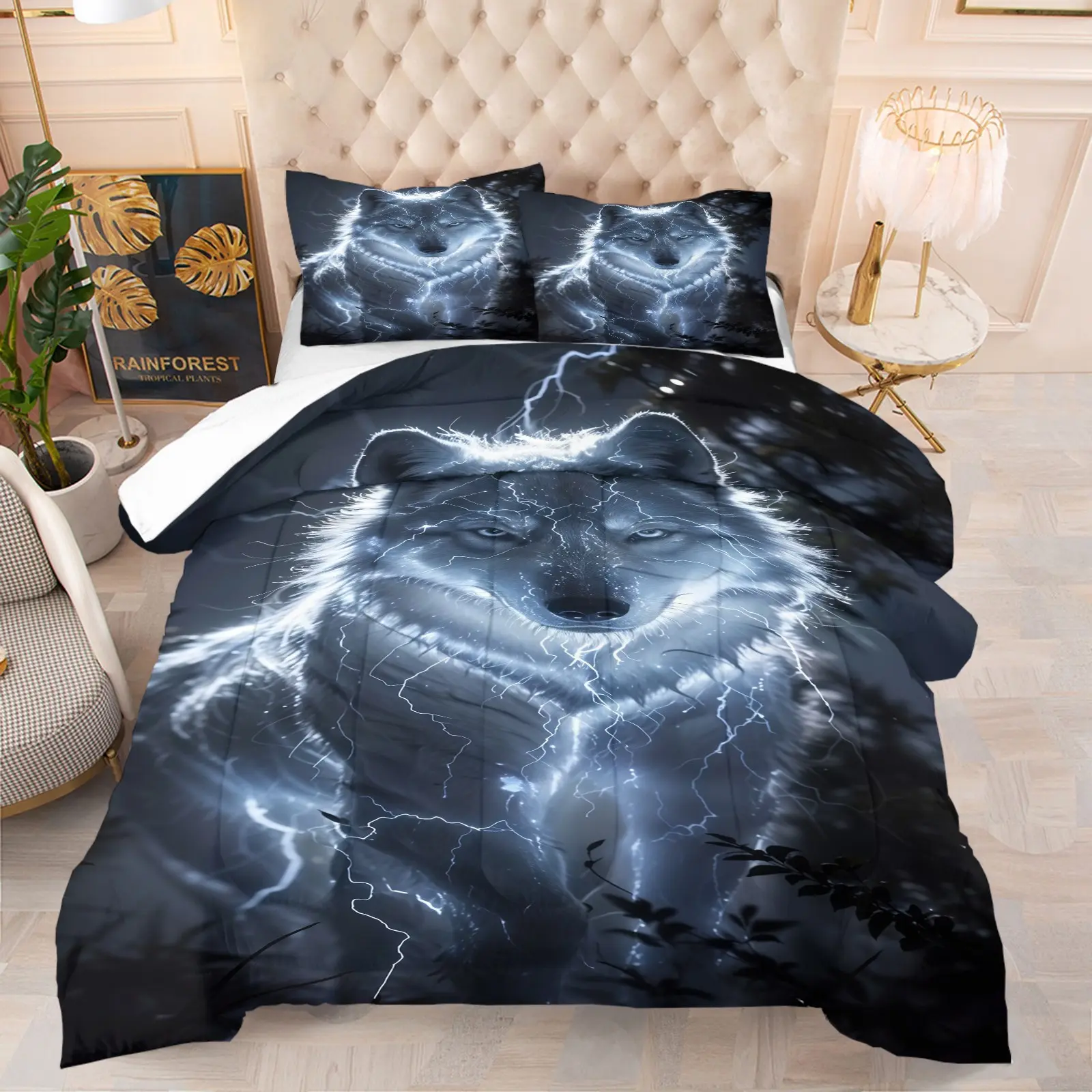 Cool wolf print pattern set, including 1 blanket and 1 or 2 pillowcases without pillowcases, soft children's and adult bedroom decoration gifts Printed Bedding Set