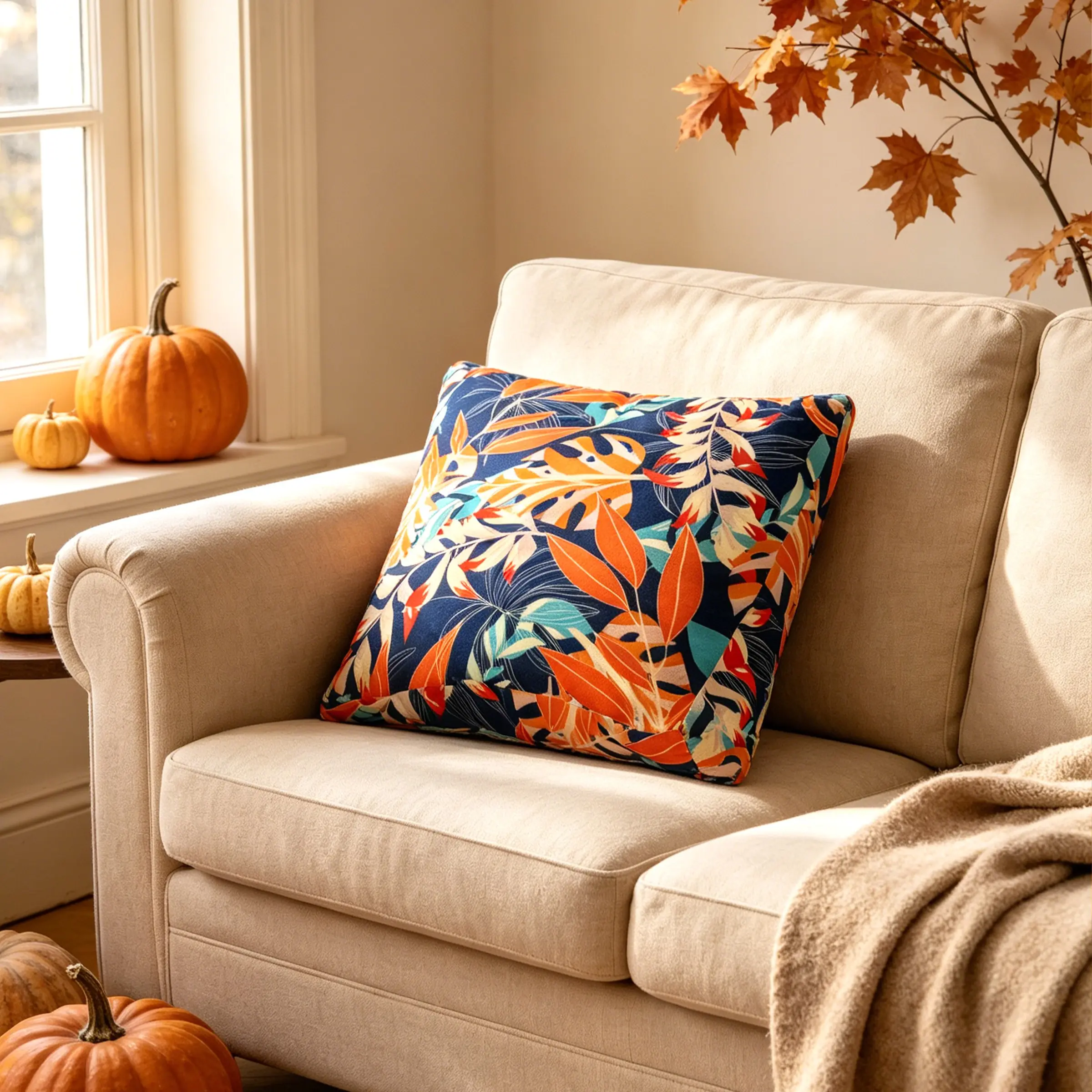 Autumn Leaf Pattern Cuddle Pillow, Bright Colors, Soft and Comfortable, Non-Slip Base, Easy to Clean, Ideal for Balcony and Sofa