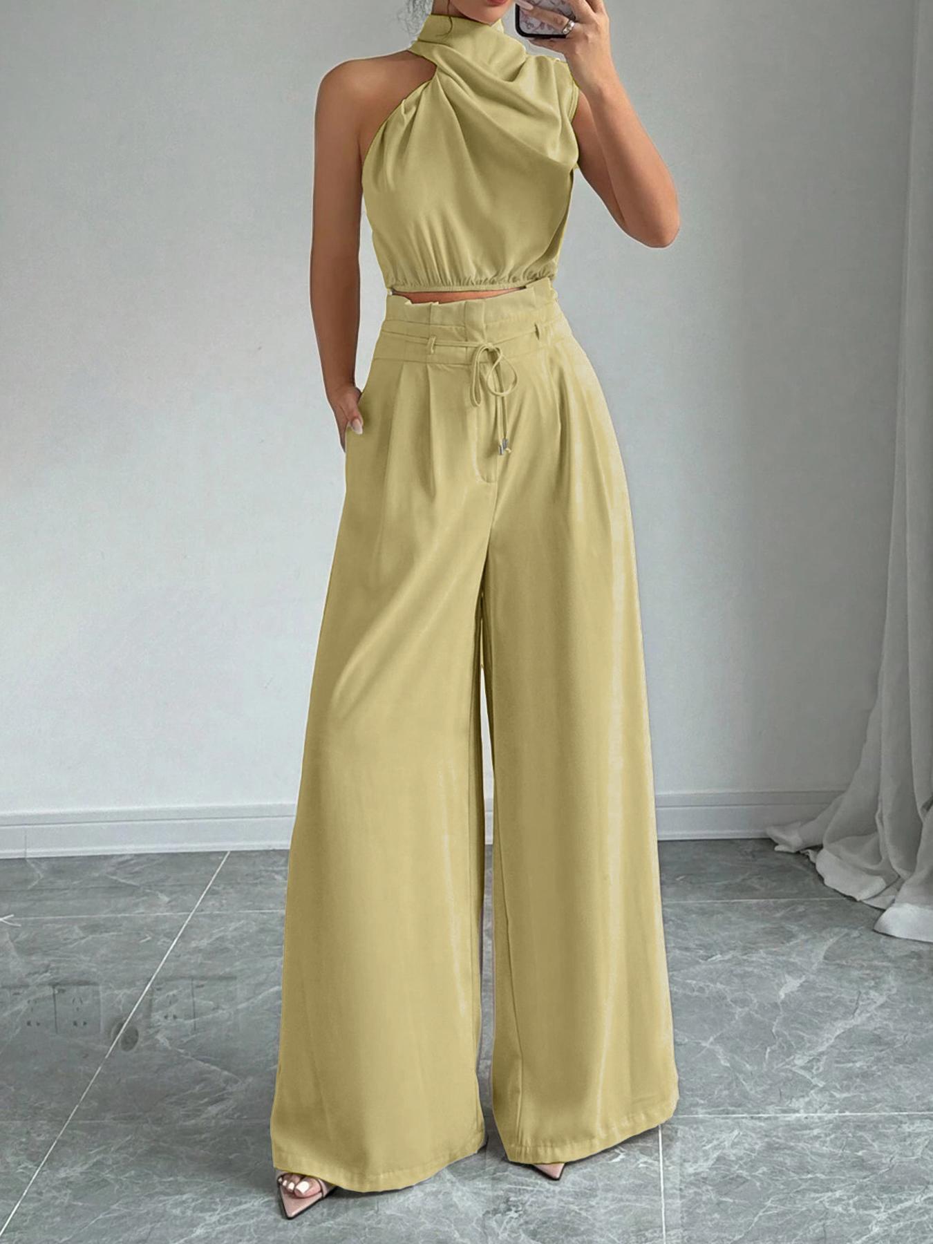 Women's Solid Color Sleeveless Crop Tank Top & Wide Leg Pants Two-piece Set Outfit, Elegant Fashion Casual Top & Trousers for Daily Outdoor Wear, Women's Clothing for Summer, Womenswear
