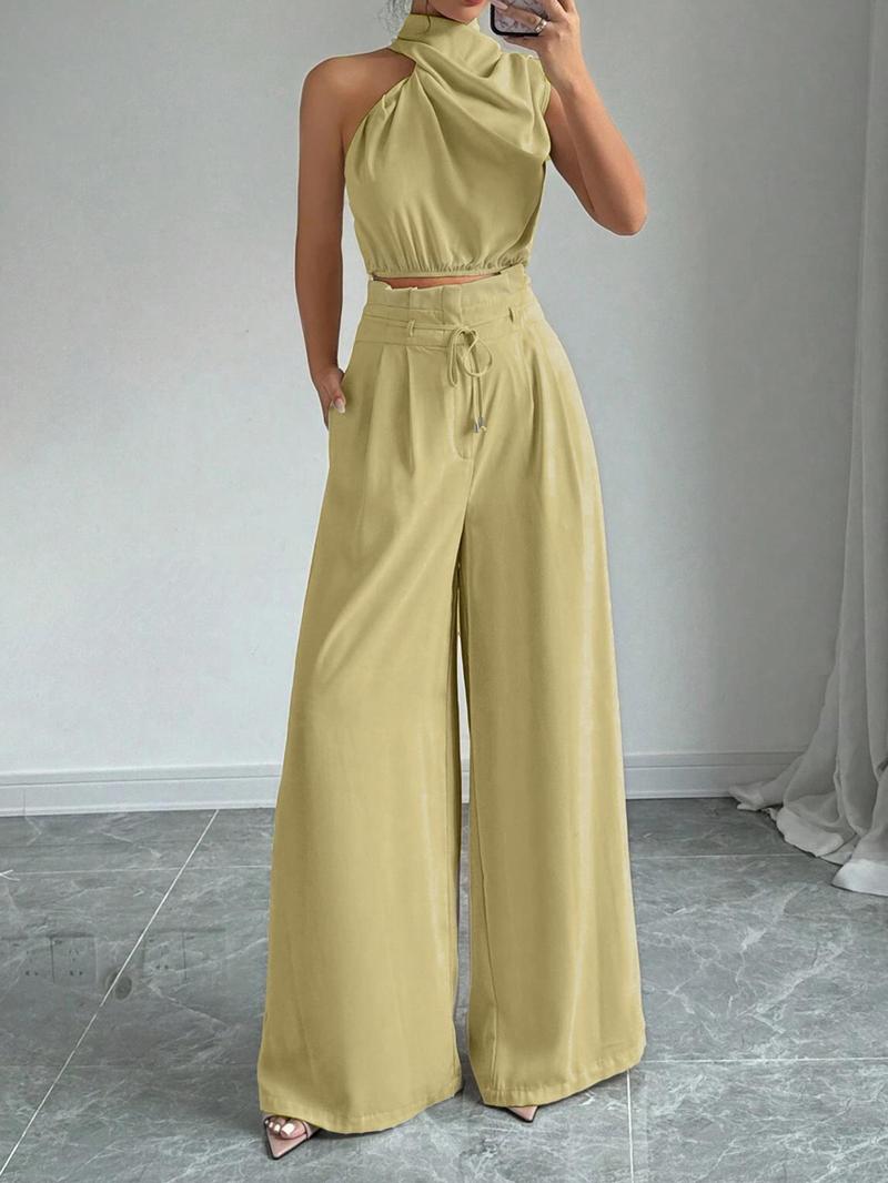 Valentine's Day Women's Solid Color Crop Tank Top & Wide Leg Pants Two-piece Set, Elegant Fashion Casual Top & Trousers for Daily Outdoor Wear, Women's Clothing for Summer