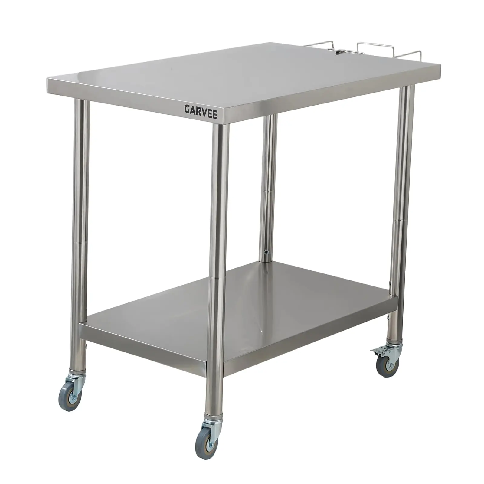 Heavy Duty Stainless Steel Commercial Work Table – Double Layer Prep Table with Casters and Trash Rack – 0.7mm Thick Tabletop – Ideal for Kitchen, 36x24x35 Inch