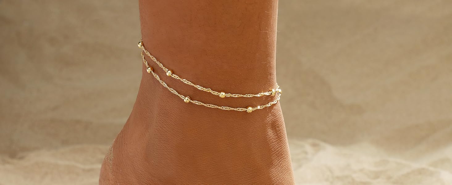 2PCS Gold Anklets for Women Waterproof Cuban Link Anklet Beaded Bracelets Stackable Bracelets 14K Gold Plated Custom Jewelry Gifts Non Tarnish Lightweight