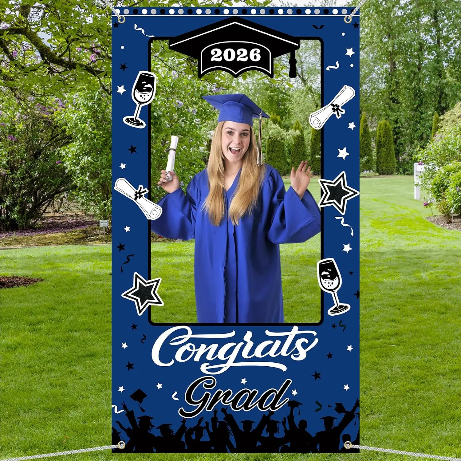 2026 Blue and Black Rectangular Polyester Graduation Backdrop with Congrats Text - Class of 2026 High School College Grad Party Decor, Photo Booth Prop