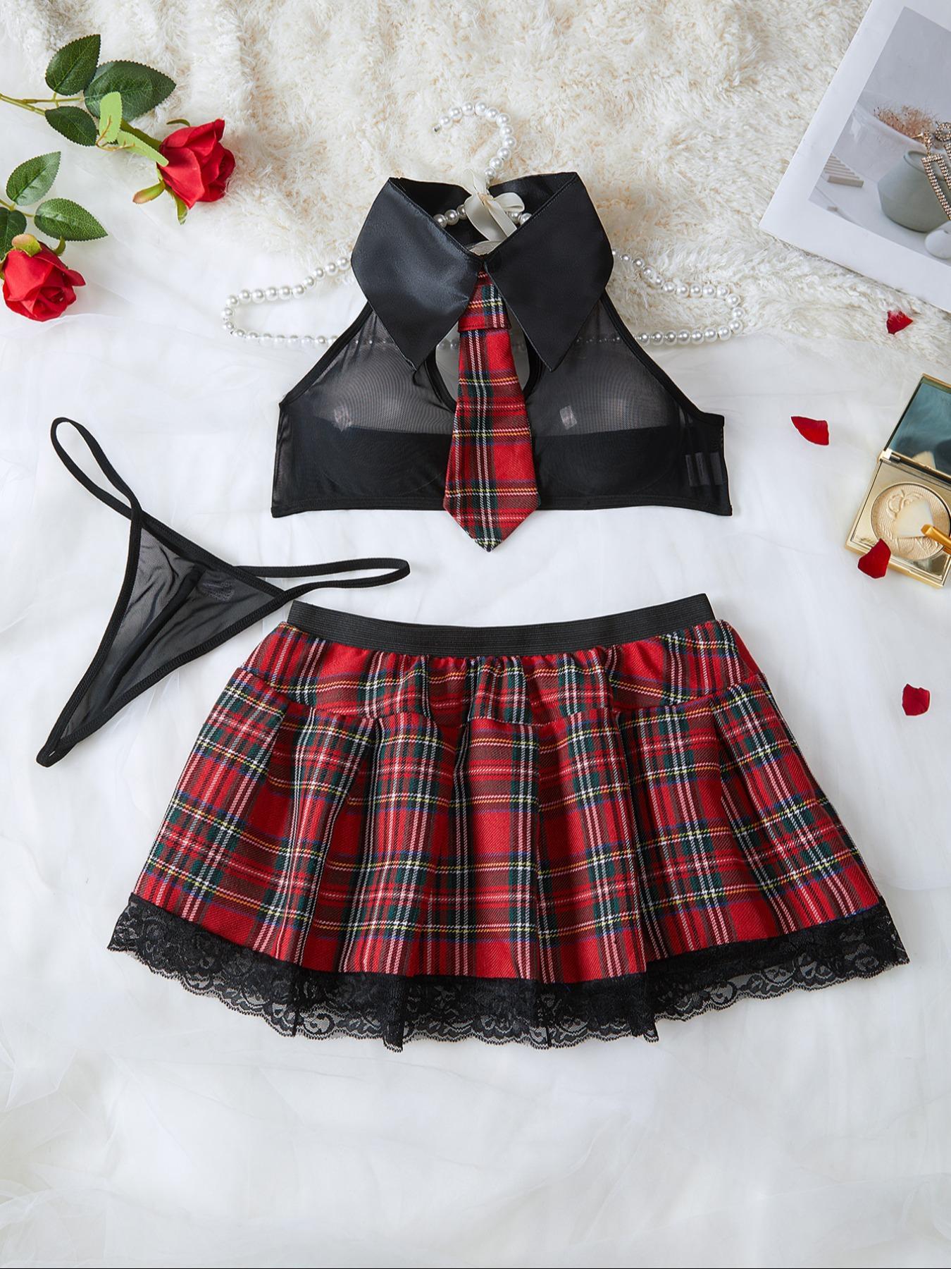 Women's Plaid Print Sheer Lace Sexy School Girl Lingerie Set, Breathable Elegance Romantic Sexy Tie Decor Halter Crop Top & Thong & Contrast Lace Skirt Set, Sexy Underwear Sets for Women, Lingerie for Women, Womenswear