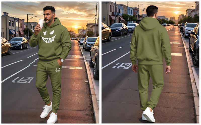 Men's Evil Smiley Face Pattern Hoodie and Drawstring Sweatpants Set, Casual Sports Long-Sleeved Hoodie and Pants, Suitable for Autumn and Winter, Street Style Hoodie Set, Men's Everyday Wear, Indoor and Outdoor Sportswear, Sports Set