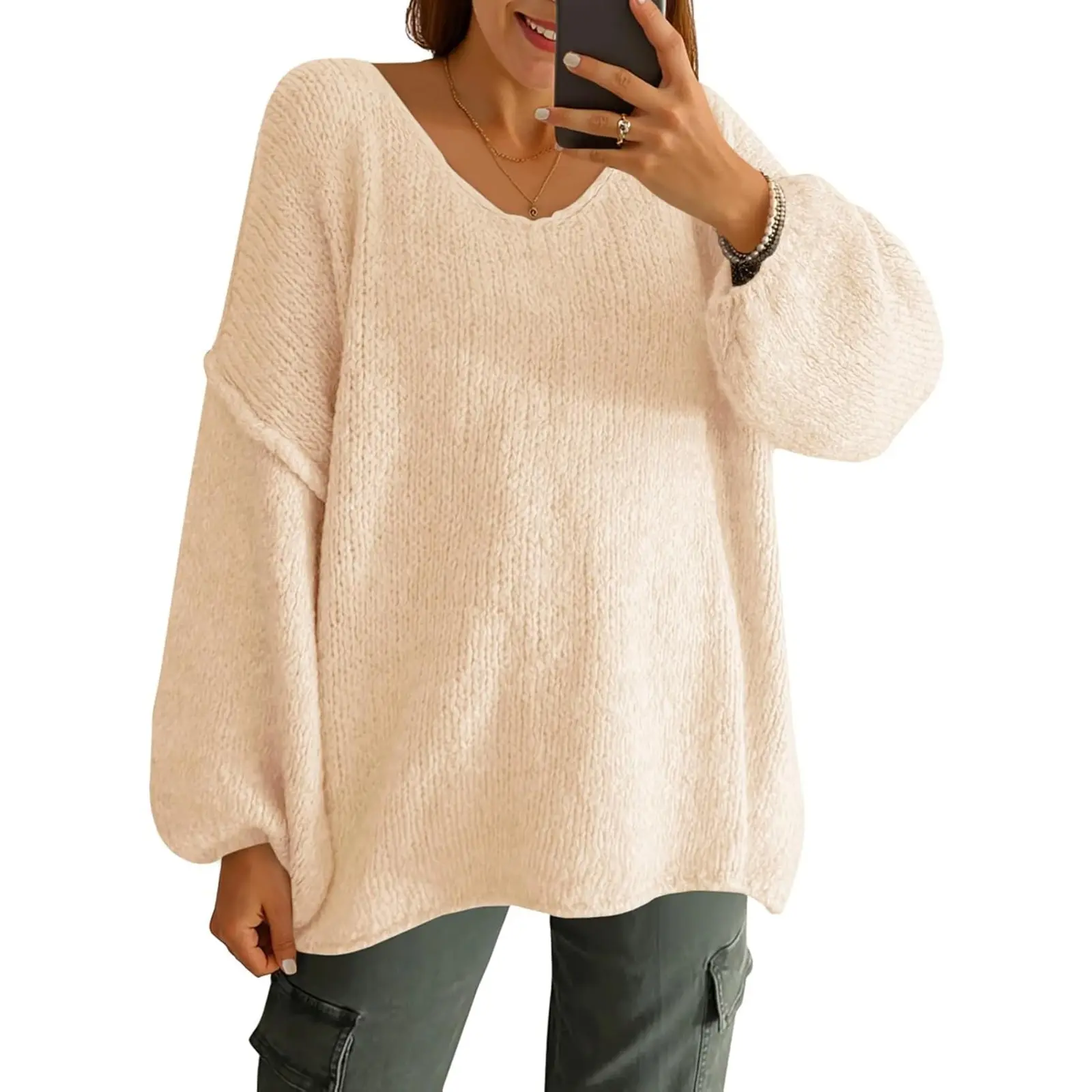 Saodimallsu Women's Oversized V Neck Sweater, Casual Baggy Tunic with Lantern Longsleeves in Polyester Knit Fabric, Knitwear, Loose, Lady, Tops, Lantern Sleeve, Valentines Day