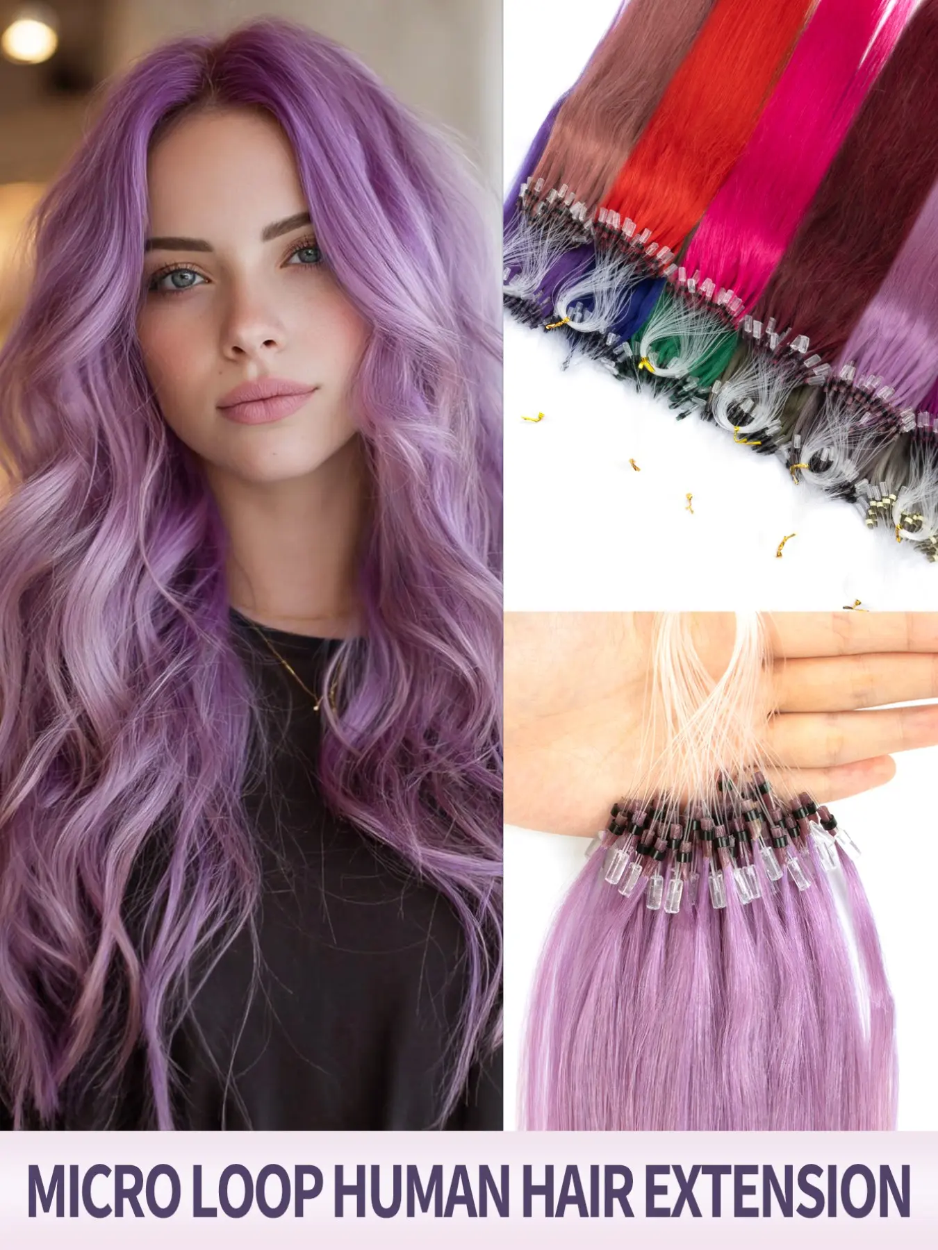 50 Strands Colorful Micro Loop Human Hair Extensions 12-20 Inch Glueless Invisible Install Real Hair Highlights for Festival Concert Bride Holiday Daily Style Cosplay