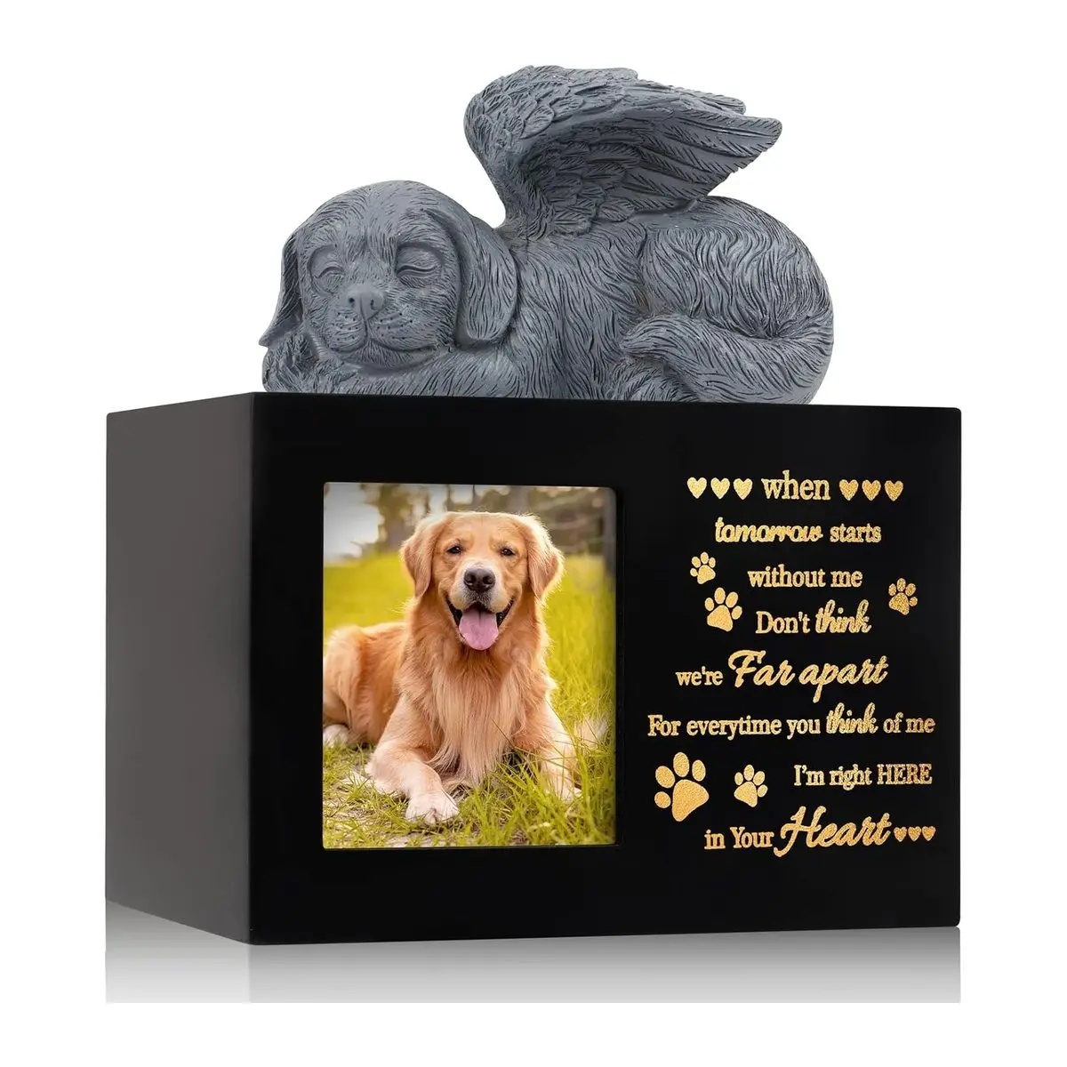 Premium Hand-Carved Large Pinewood Wood Pet Ashes Urn - Memorial Keepsake Box with Photo Frame, Dog Angel Motif, Black Sympathy Gift for Dog & Cat Owners