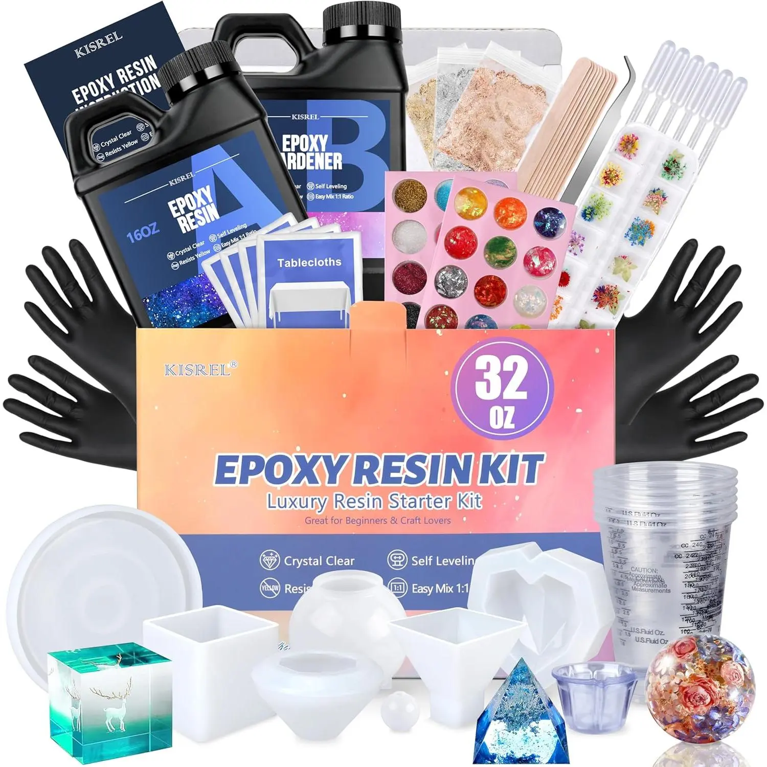KISREL Epoxy Resin Kit for Beginners, Resin Kit with Molds, 32OZ Epoxy Kit wiht Dried Flowers, Measuring Cups and Resins Supplies